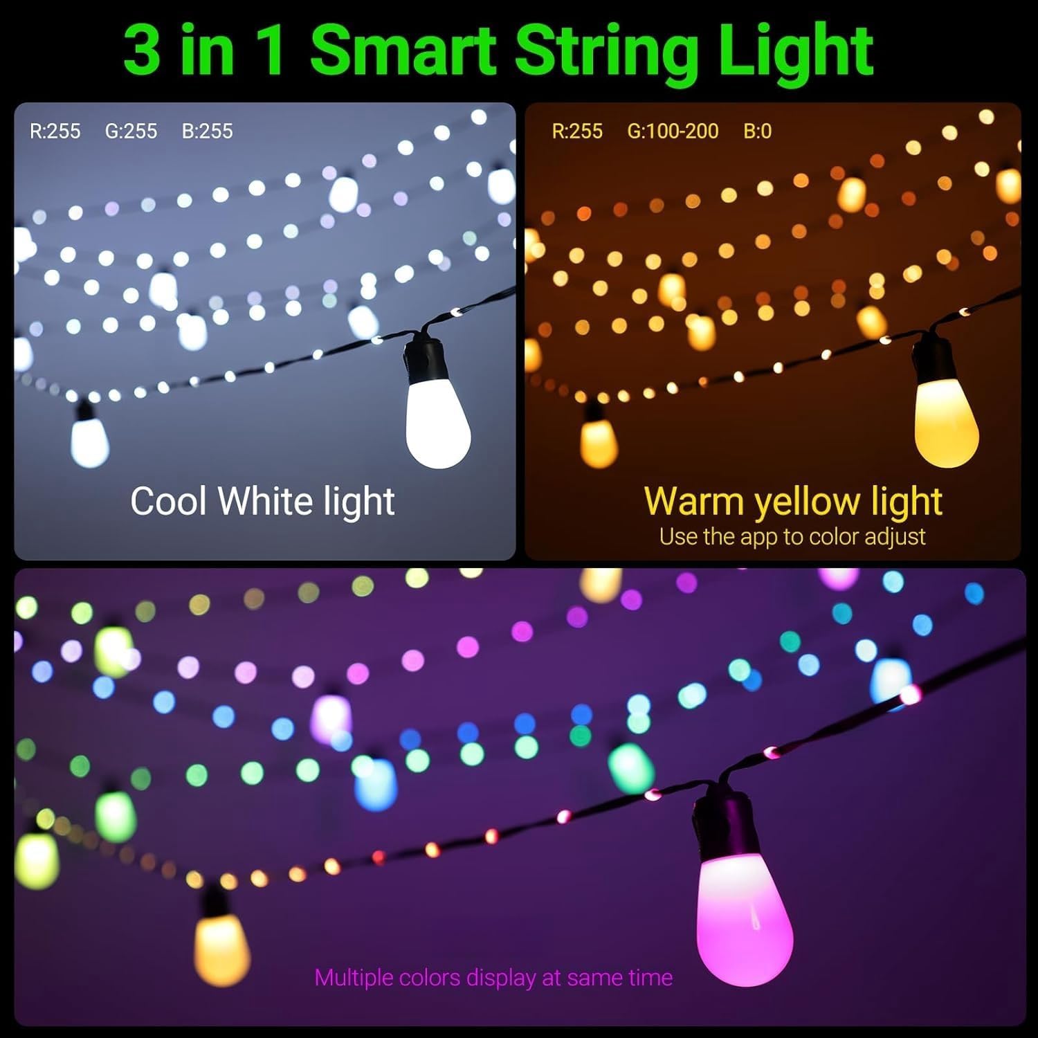 Nopoor Guirnalda de luces inteligentes para exteriores, bombillas LED RGB de 50 pies de color blanco cálido, luces de patio WiFi funcionan con
