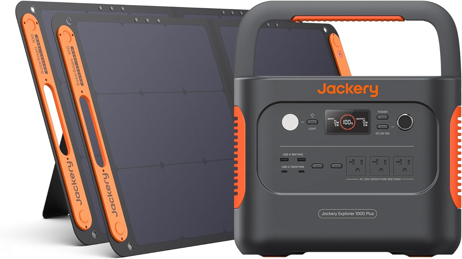 Jackery Generador solar 1000 Plus, estación de energía portátil de 1264 Wh con 2 paneles solares SolarSaga de 100 W, salida de 2000 W, energía de