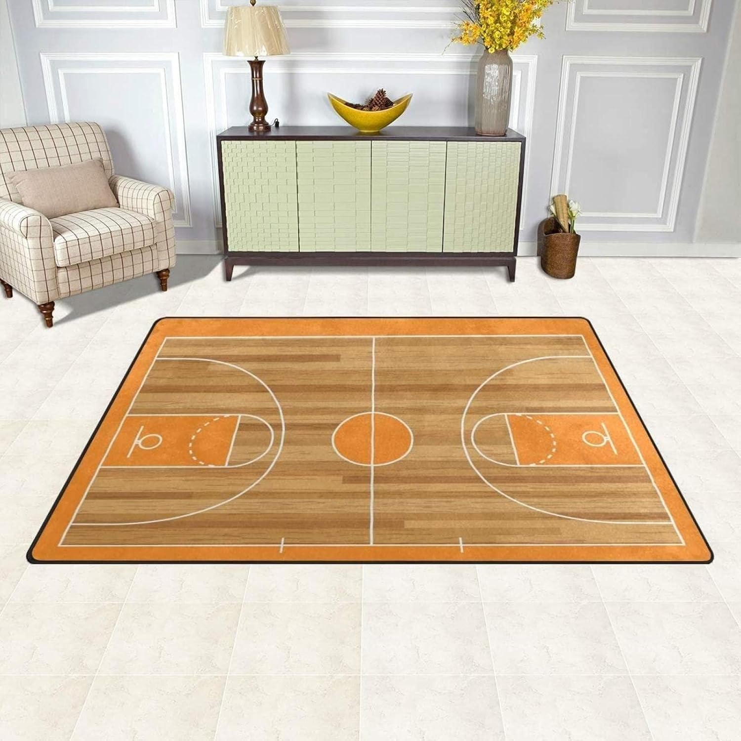 Alfombras de baloncesto para niños, diseño geométrico de líneas blancas y naranjas, alfombra para dormitorio, suave, lavable a máquina, duradera,