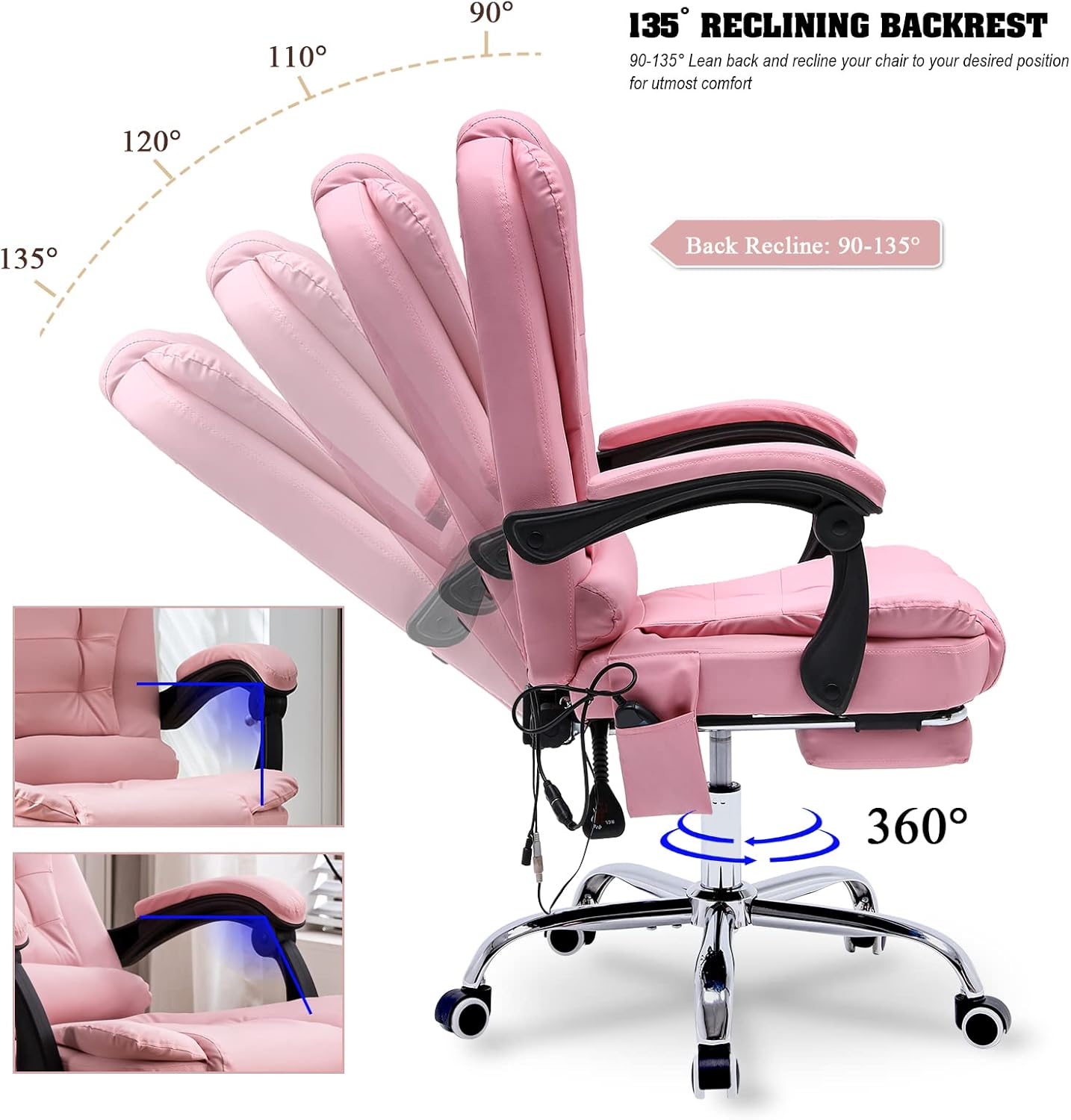 Silla de oficina de masaje, silla ejecutiva ergonómica para computadora con reposapiés, silla de oficina ejecutiva de piel sintética con reposabrazo