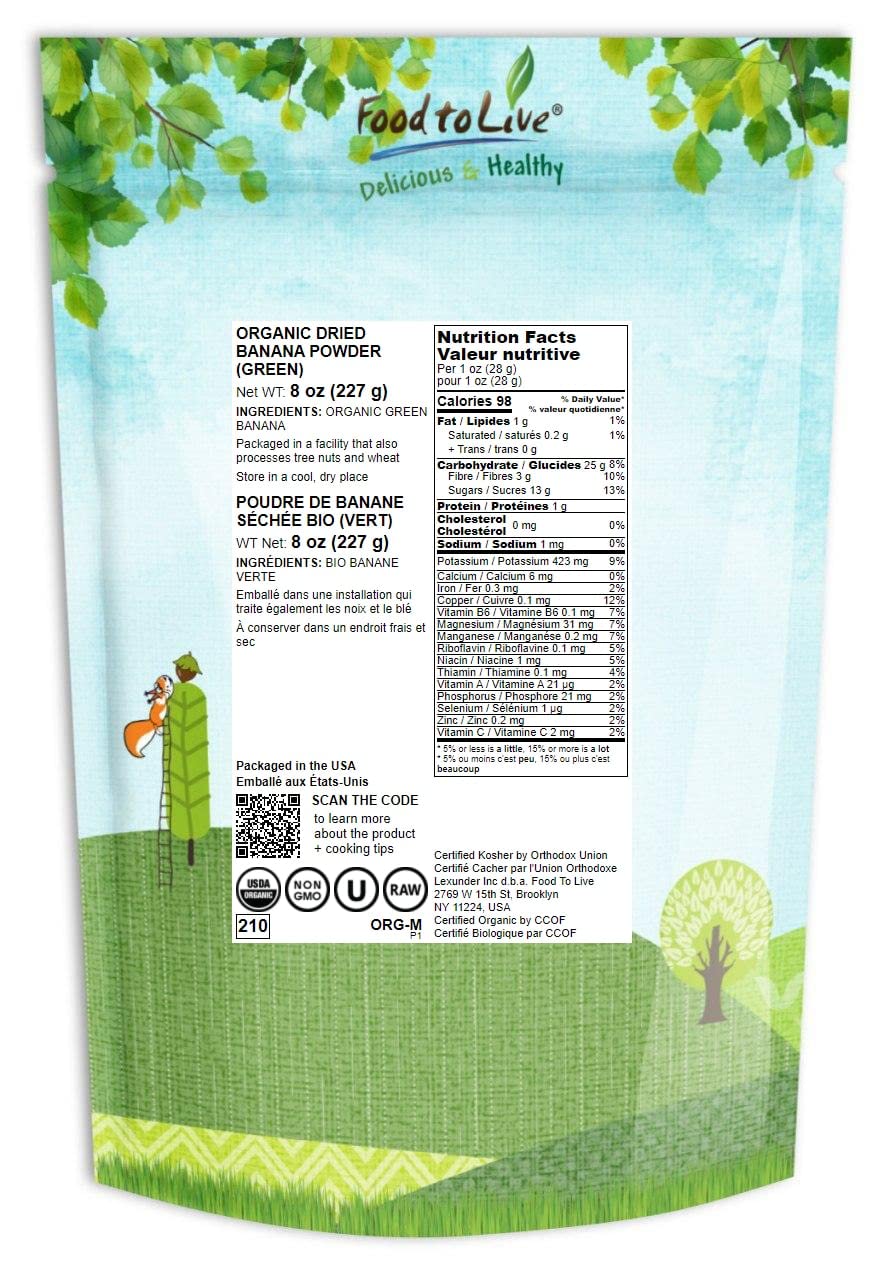 Polvo de plátano verde orgánico, 8 onzas, sin OMG, harina de fruta entera, finamente molida, pura, sin azúcar añadida, sin sulfatar, vegano, a