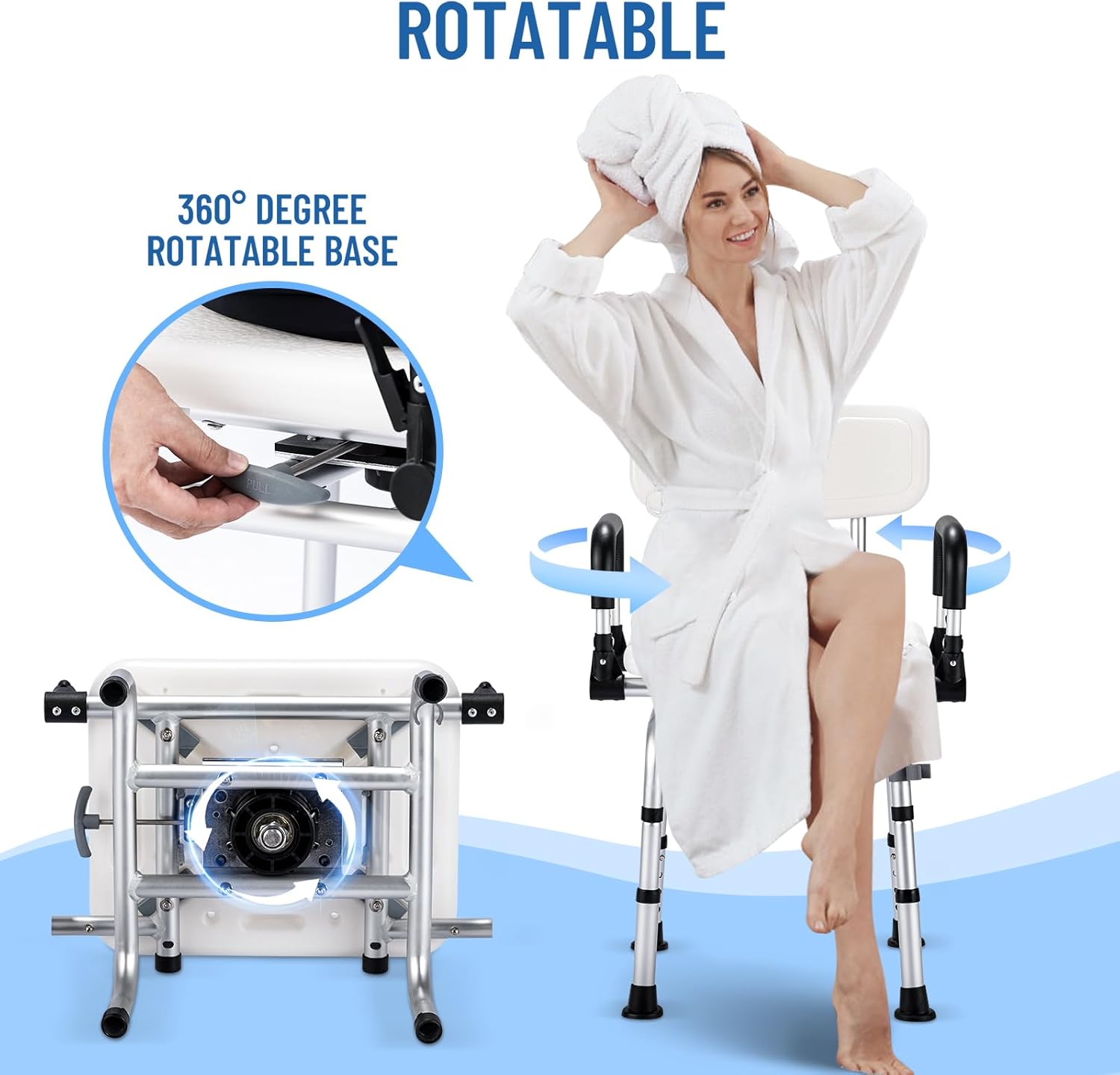 Ameierlive – Silla de ducha con reposabrazos y respaldo para ducha interior, asientos de baño con rotación de 360 para ancianos, discapacitados,