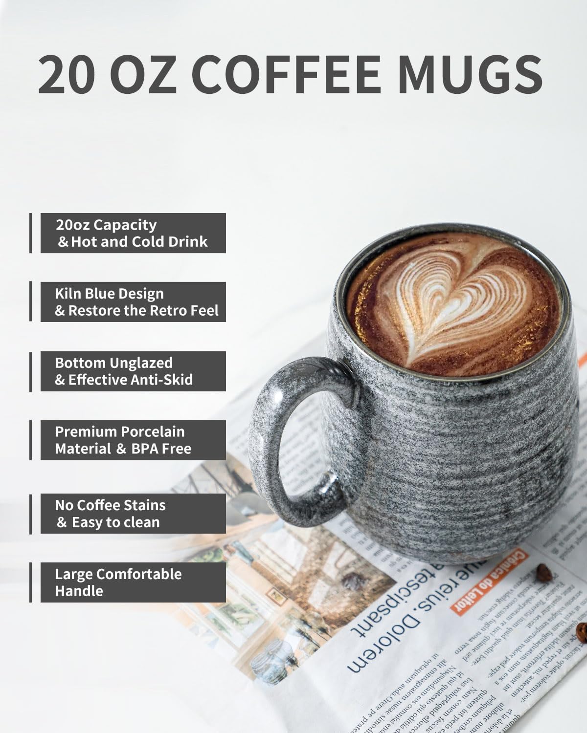 Hasense Taza de café grande, taza de café de porcelana de 20 onzas con mango grande, fácil de sostener, taza de café grande para café con leche, té,
