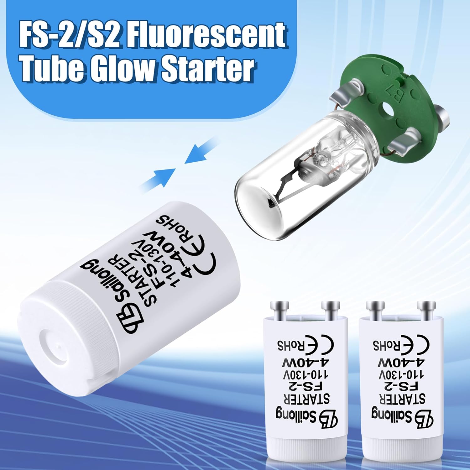Saillong Paquete de 2 arrancadores fluorescentes blancos para uso con lámparas fluorescentes de precalentamiento de 4-40 W, tubo fluorescente