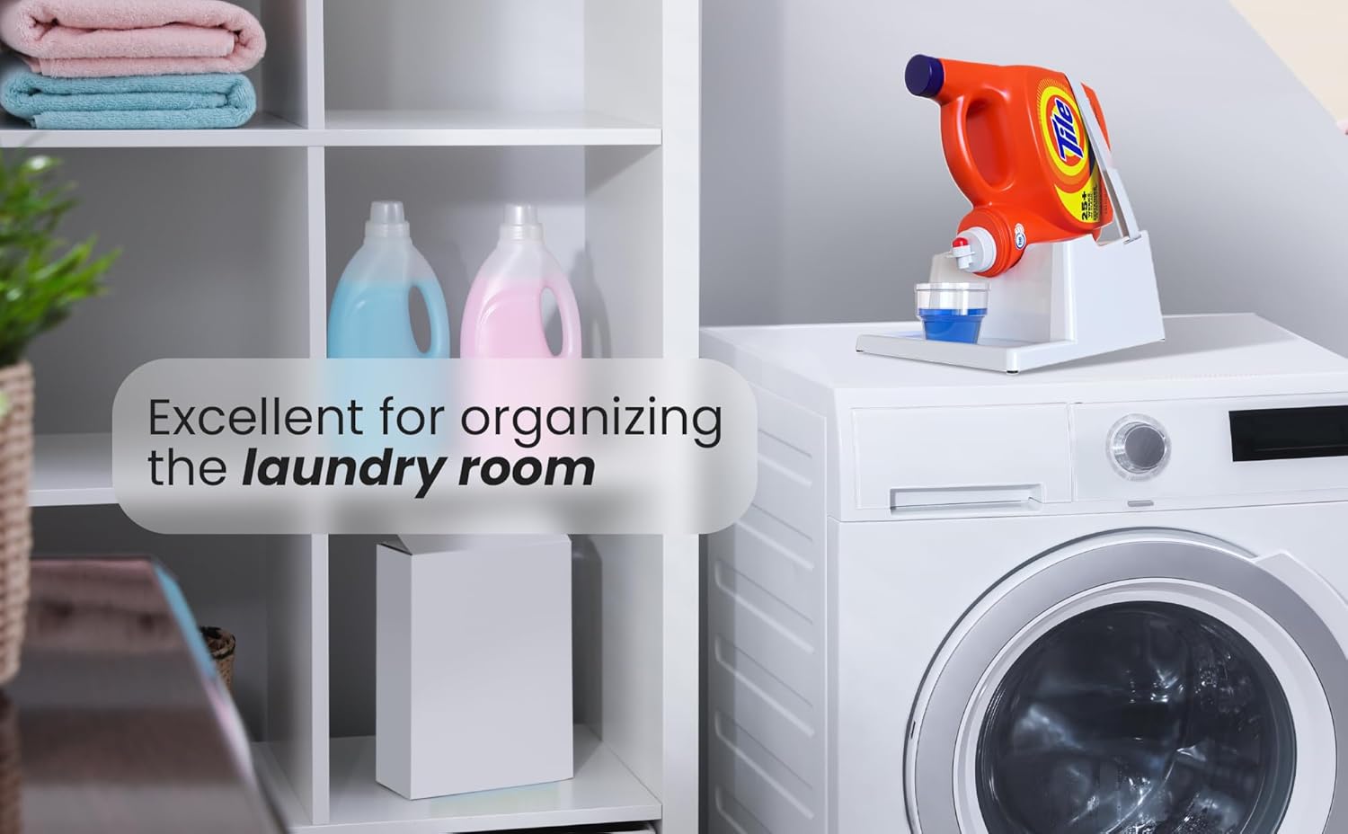 Skywin Soporte y organizador versátil de detergente para ropa, soporte para detergente líquido, almacenamiento de vasos de jabón, pedestal