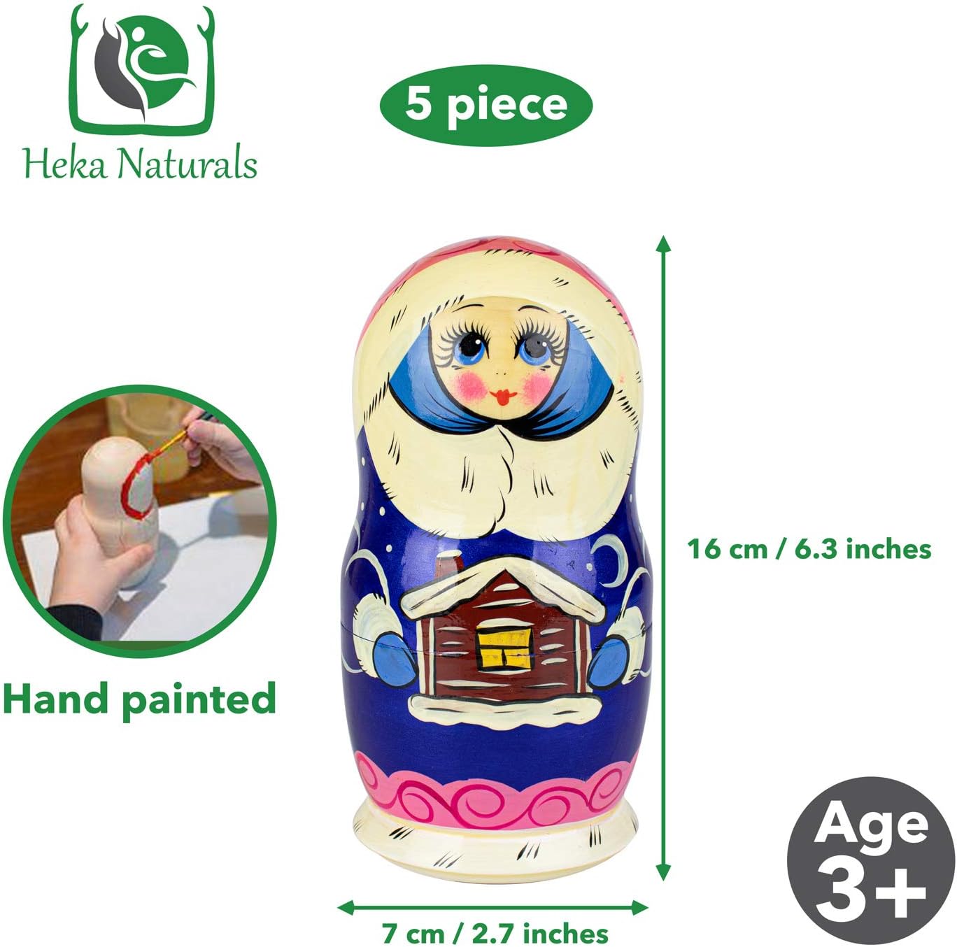 Heka Naturals Snow Maiden Nesting Dolls  All Natural Wooden Matryoshka Doll Set of 5 (7 Inch) – Traditional Babushka Home Decor, Wooden Stacking