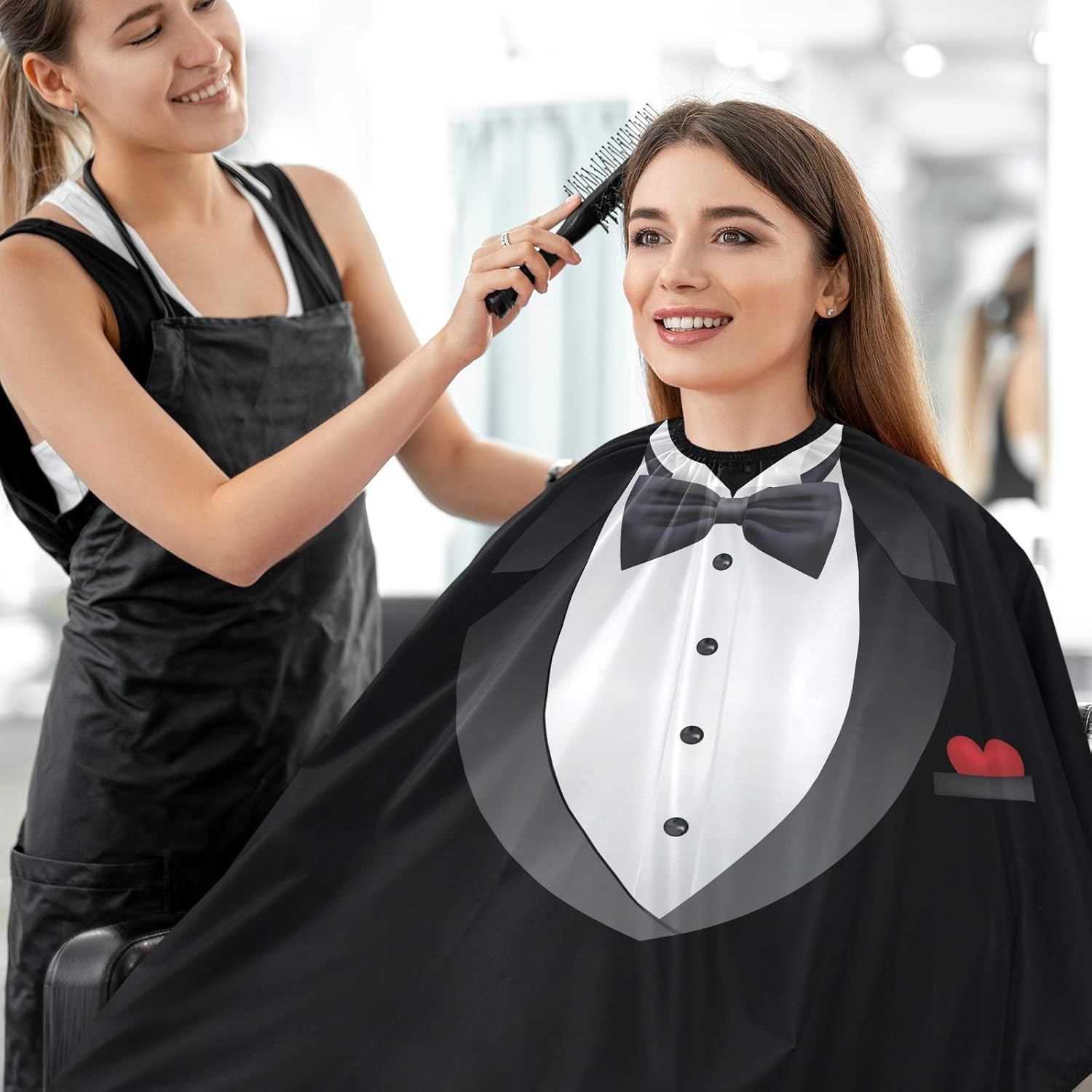 visesunny Esmoquin con pajarita, capa de peluquería antiestática, capa de corte de pelo con cierre a presión, babero de afeitado profesional de