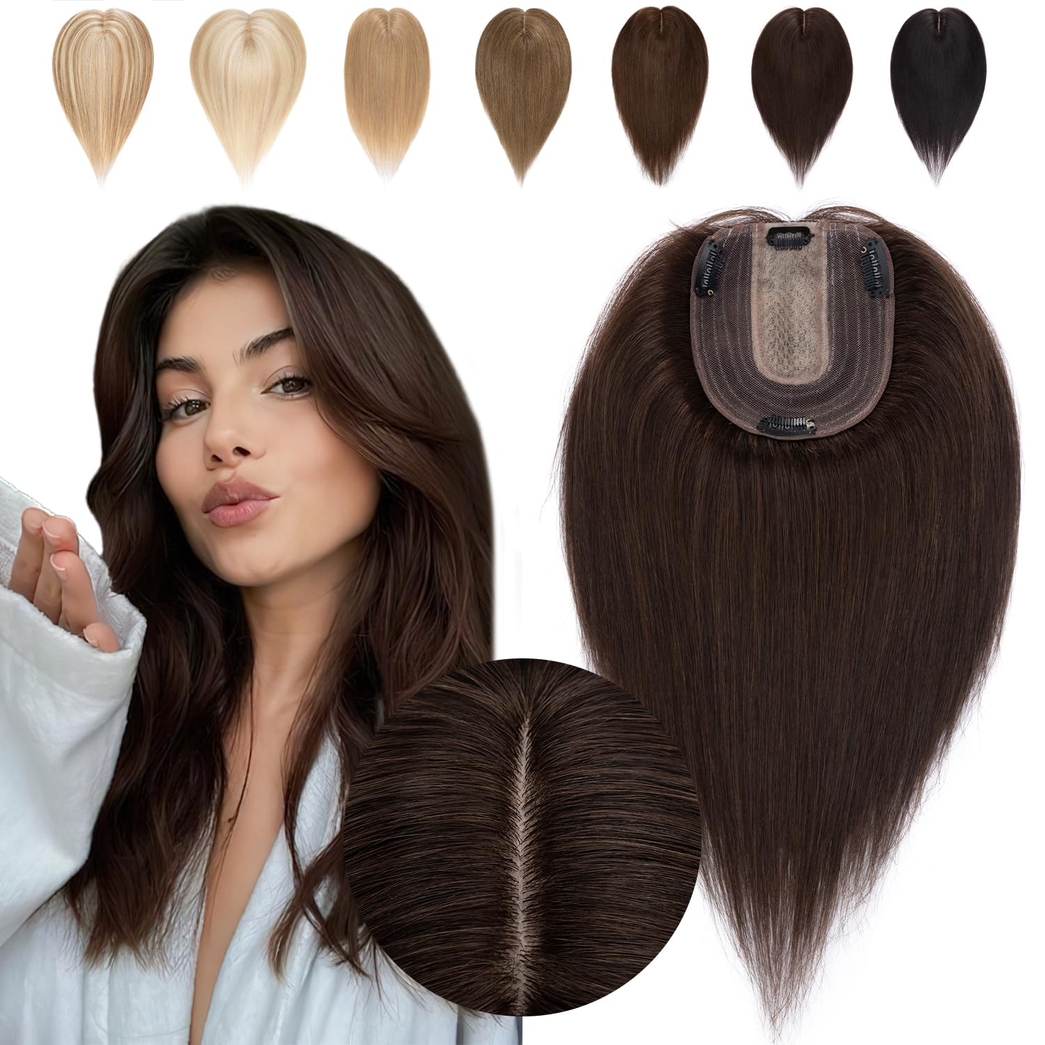 Toppers de cabello humano para mujeres con cabello delgado, densidad del 120 %, base de seda grande con clip, piezas de pelo corto sin explosión,