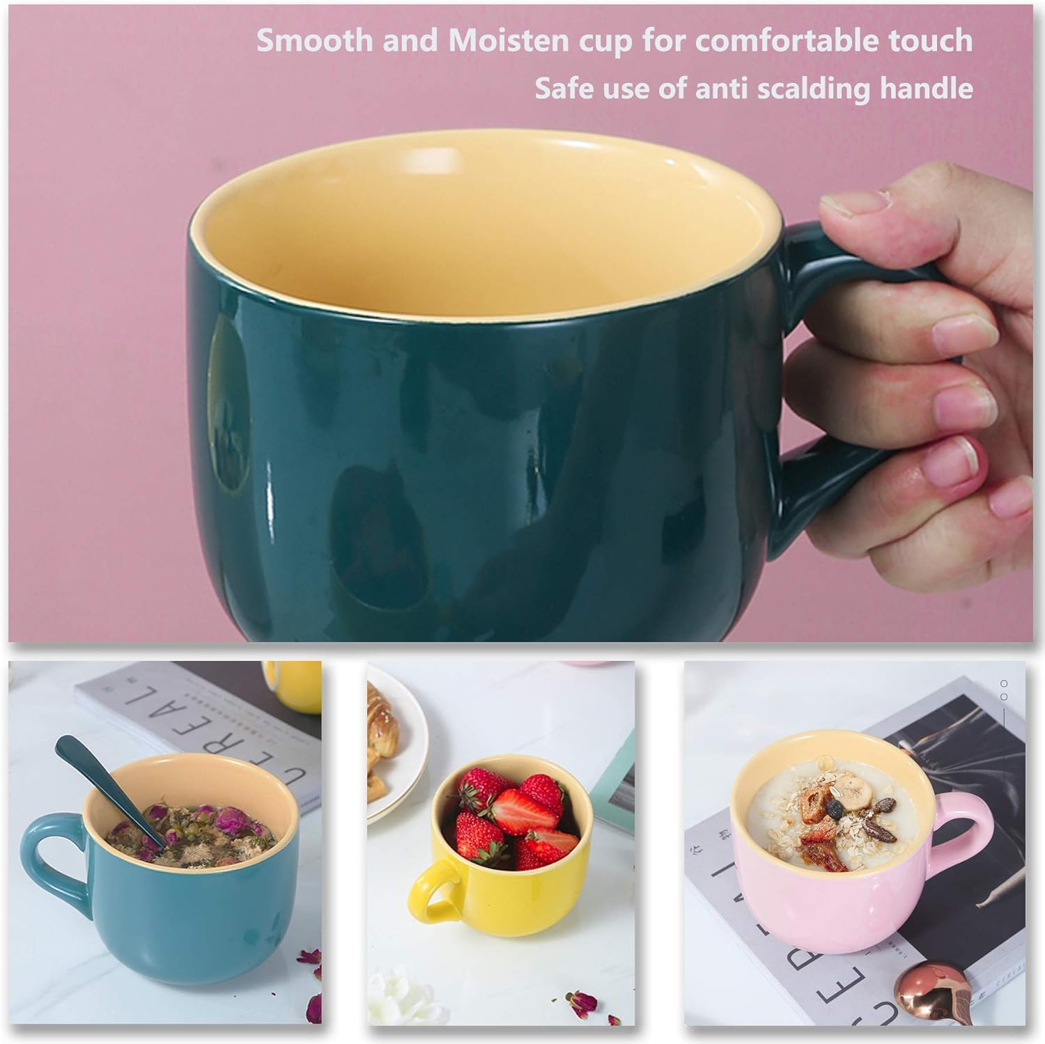 TeenFighter Tazas de avena grandes de porcelana, 23 onzas (23.0 fl oz) de ancho, juego de 4, taza de desayuno y tazón de sopa, aptas para microondas