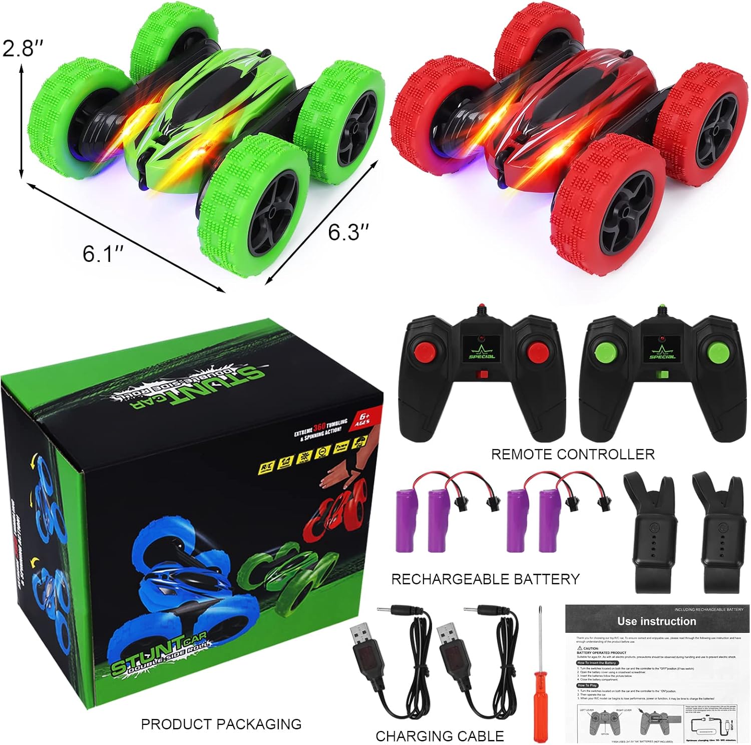 Paquete de 2 relojes RC Stunt Car con sensor de gestos 4WD de doble cara giratoria de 360 grados recargable de alta velocidad 2.4GHZ Off Road Hobby