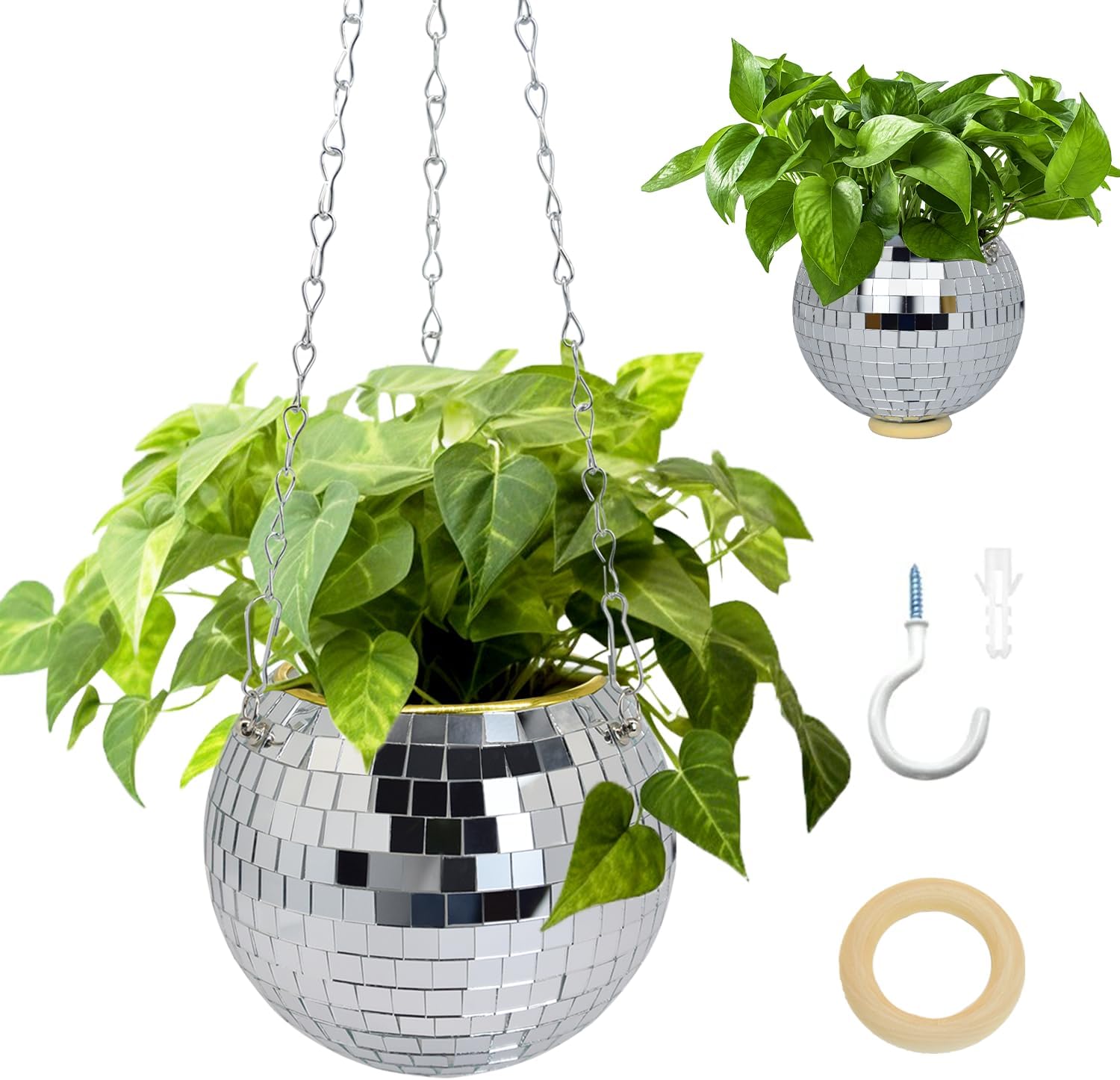 Maceta de bola de discoteca, maceta de discoteca de 6 pulgadas con cadena para colgar, gancho y soporte de anillo, ganchos para plantas de interior