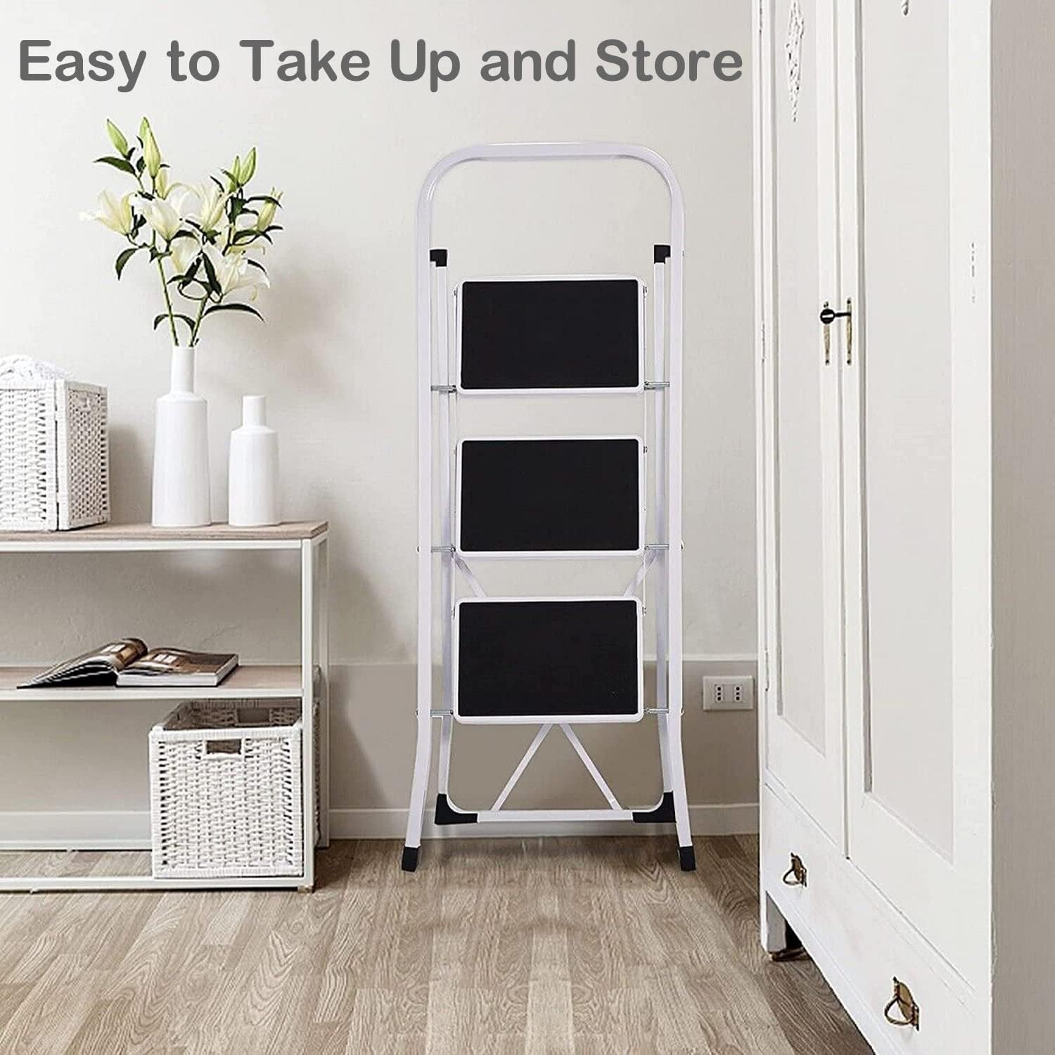 Escalera de acero de 3 escalones con mango plegable con pedal antideslizante ancho de 330 libras, taburete resistente para adultos, multiusos para