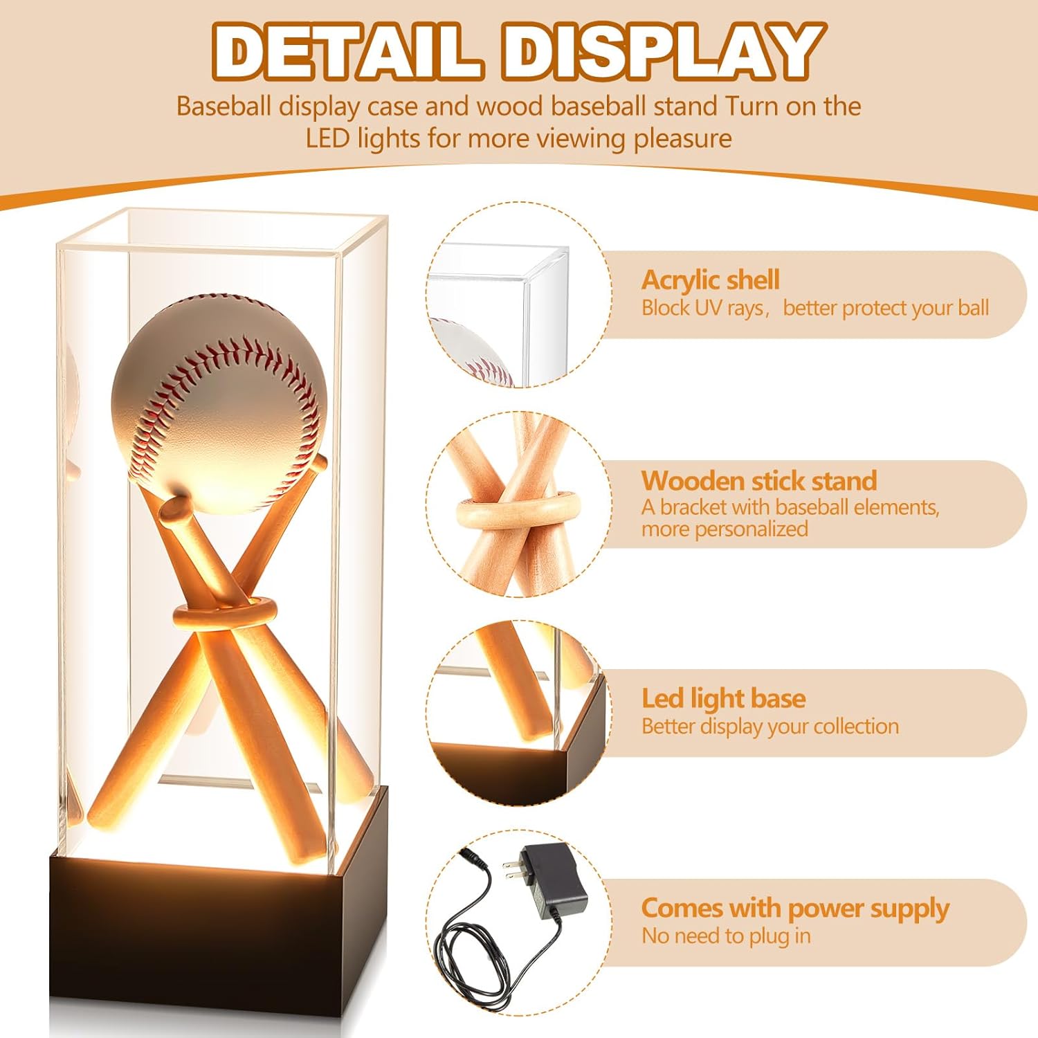 Menkxi Vitrina de béisbol con base de luz LED, soporte de béisbol con palos de madera, soporte de exhibición de acrílico transparente con protección
