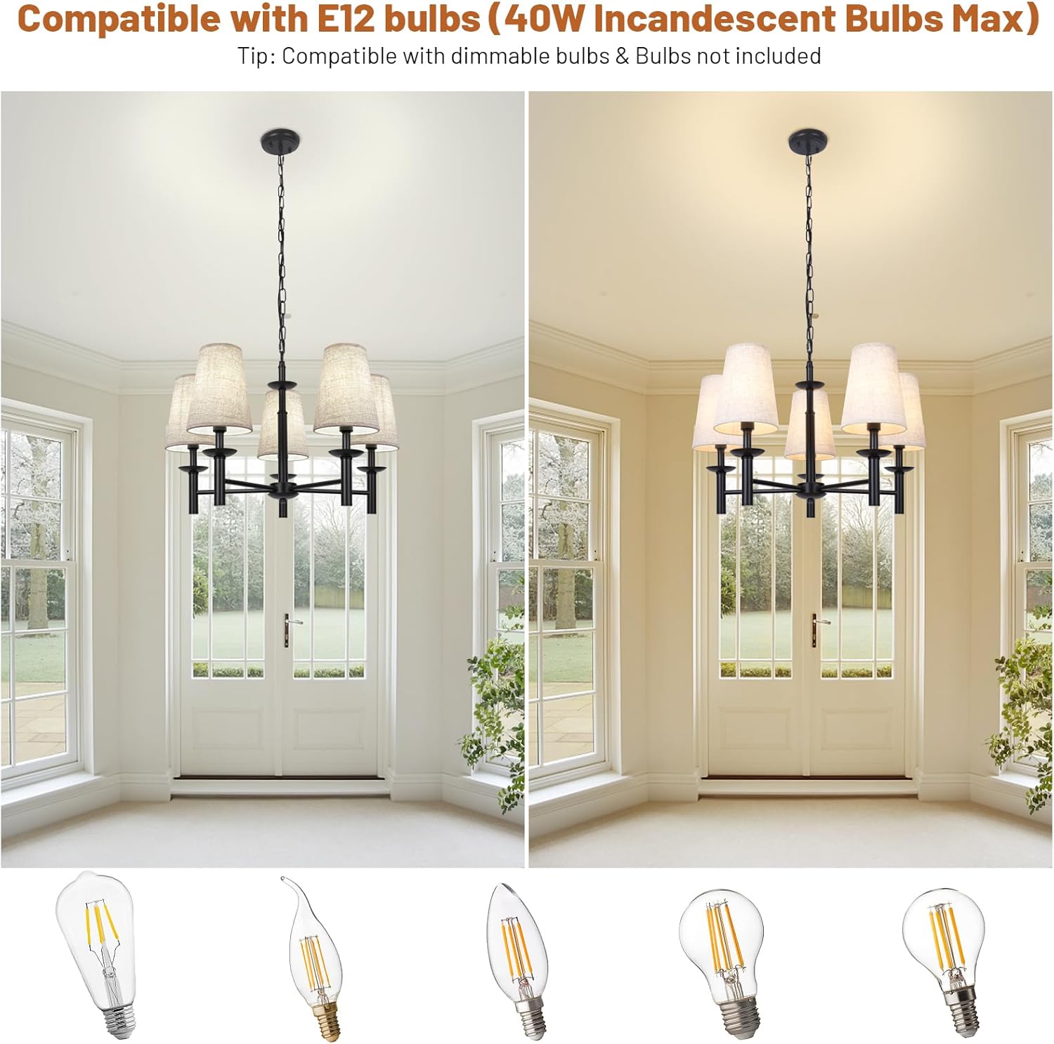 Lámpara de araña moderna de 5 luces con pantalla de tela blanca, lámpara colgante lineal de metal negro para comedor, lámpara colgante industrial