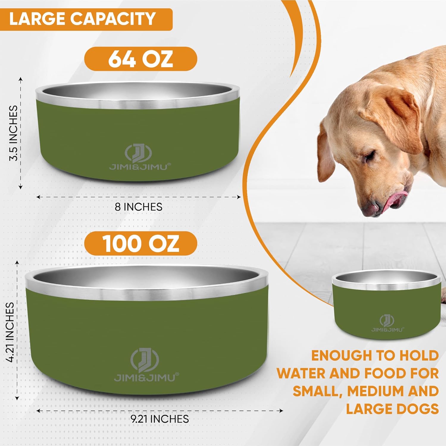 Jimi&Jimu Cuencos de acero inoxidable para perros  Tazón grande para perros de 100 onzas para agua y alimentos  Tazón aislado de acero inoxidable de