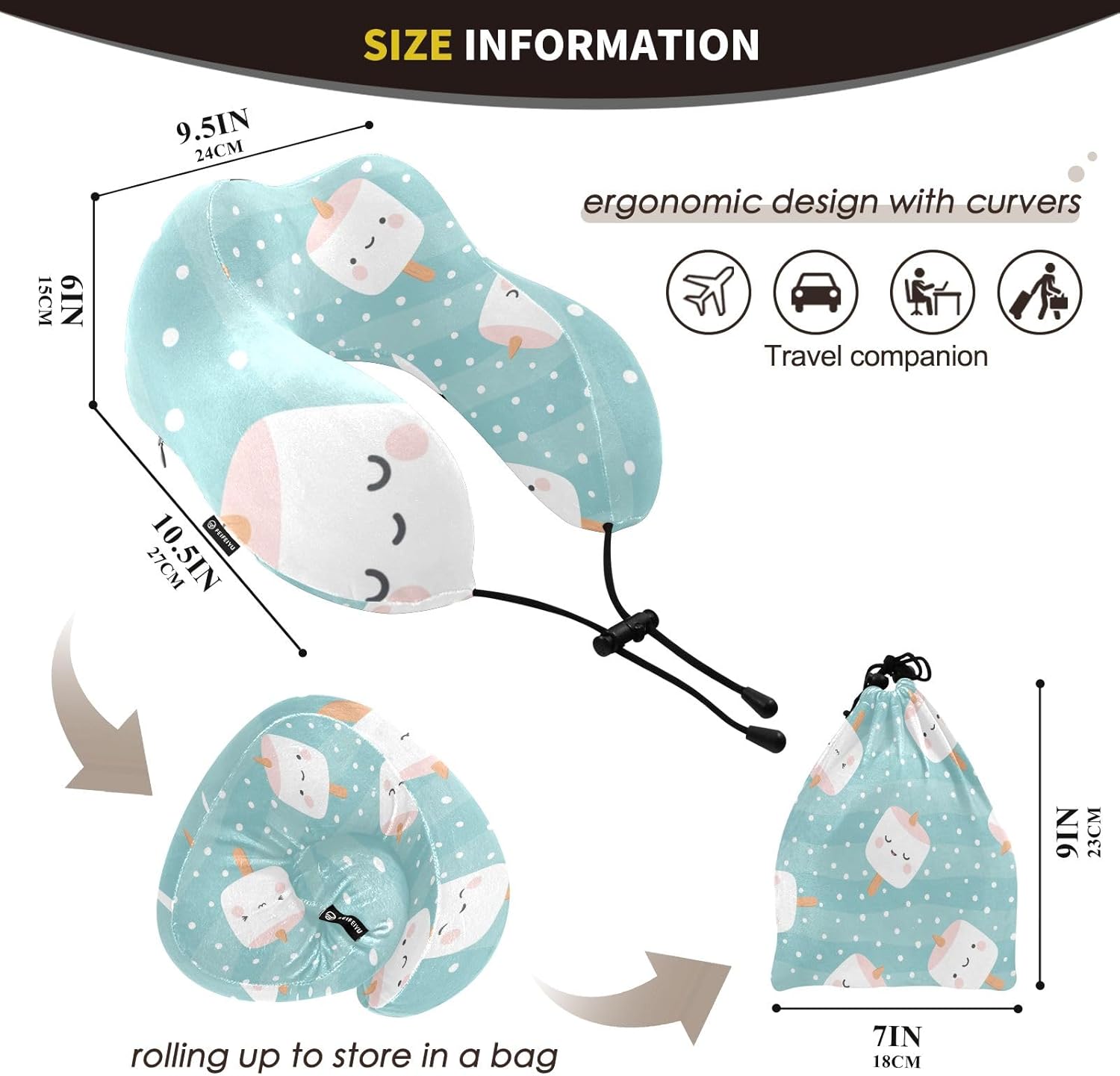 Marshmallow – Almohadas de viaje portátiles con patrón de cara, almohada en forma de U para avión, almohada de viaje para niños