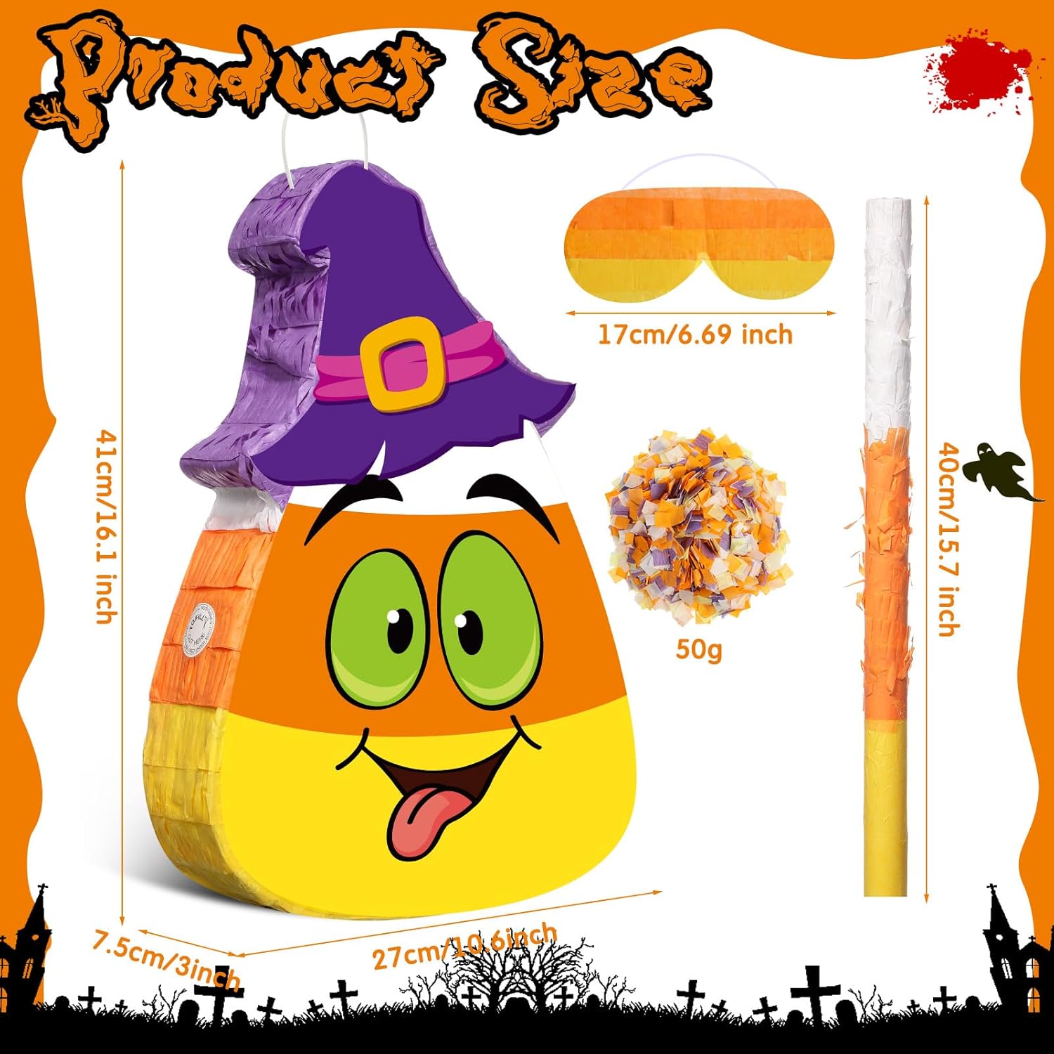 Aoriher Piñata de Halloween con palito y confeti para los ojos vendados, juego de piñata rellena de dulces con temática de Halloween, piñata