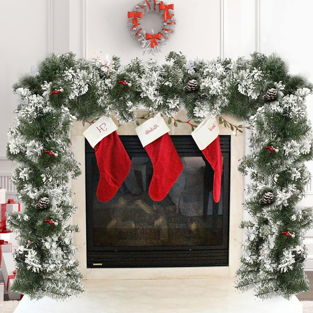 Eummy Guirnalda de Navidad de 8.9 pies, guirnalda de nieve artificial esmerilada, corona de caristmas, decoración de Navidad para interiores y