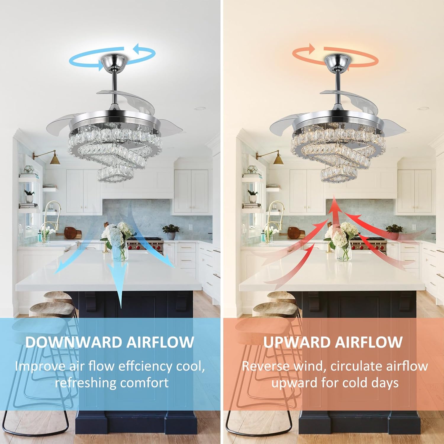 Jenvkoil Ventilador de techo de 42 pulgadas con luces con control remoto regulable de cristal para candelabro, aspas retráctiles, ventiladores de