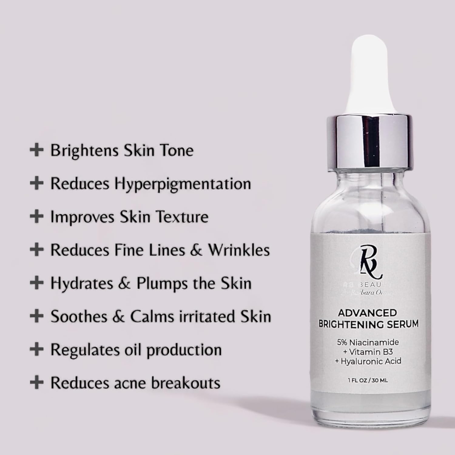 RB Beauty Advanced Brightening Serum – Suero multiacción niacinamida, ácido hialurónico, zinc PCA – hidrata y mejora la tez de la piel. Calmante,