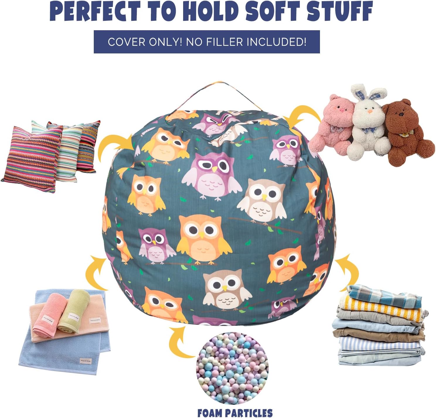 Funda para puf de almacenamiento de animales de peluche, para niños, mantas, toallas, puf (solo funda), sofá de lona con cremallera YKK, tamaño