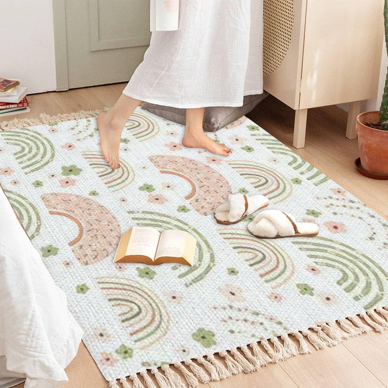 Alfombra bohemia para niños, sin costuras, flores de arco iris, colores pastel, bonita para niños, alfombra tejida con borlas, alfombra bohemia para