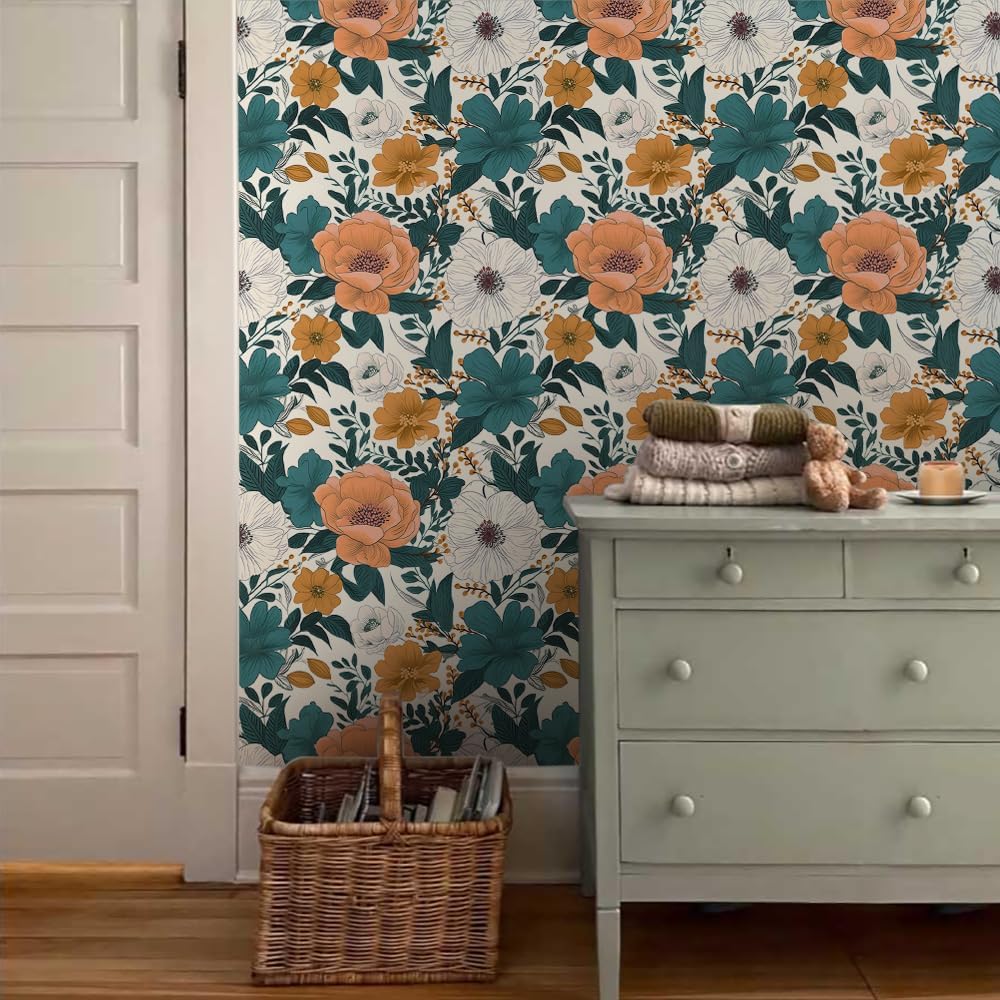 Papel tapiz autoadhesivo de 18 x 236 pulgadas, diseño floral de peonía azulnaranja, papel de contacto extraíble, fácil de despegar para cocina,