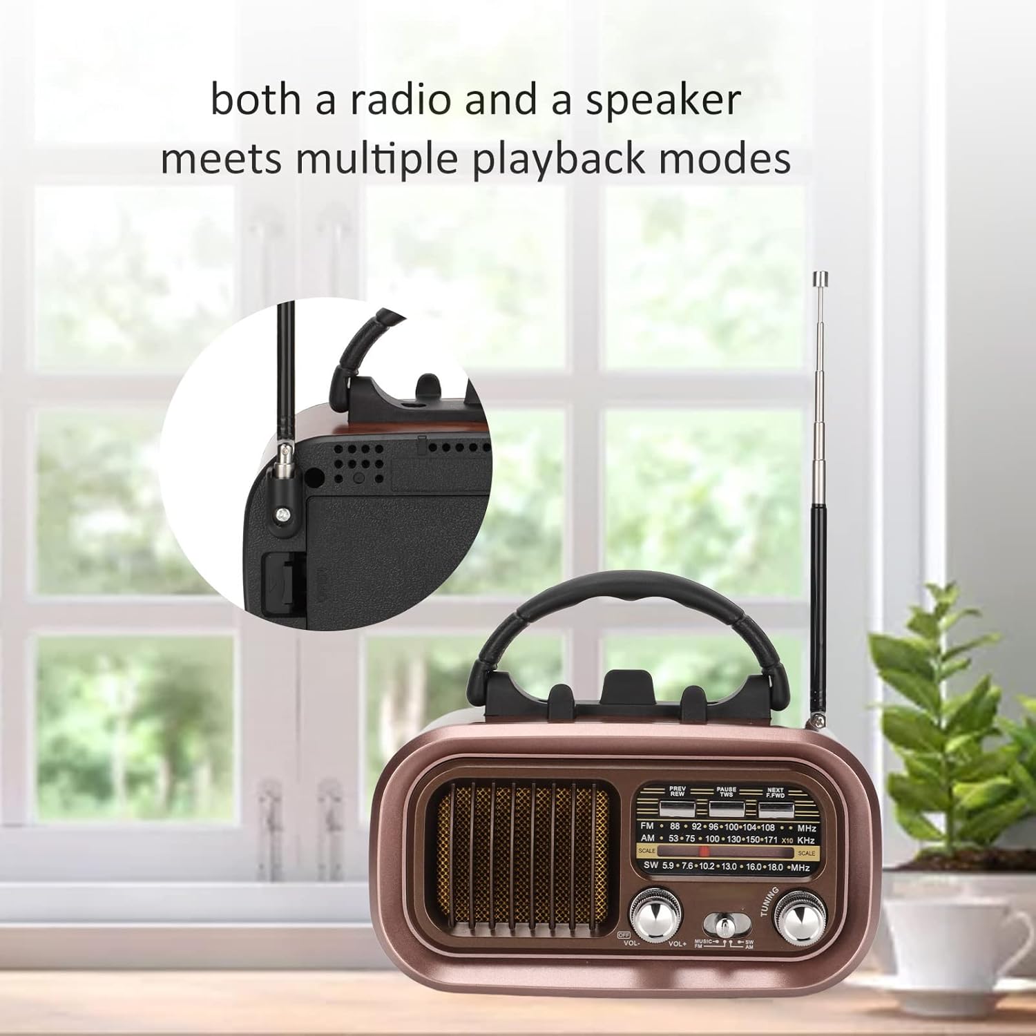 Altavoz portátil de radio FM Bluetooth con diseño vintage 3 bandas multifuncional, ligero y pequeño, MP3 WMA WAV, antena externa (RXBT628)