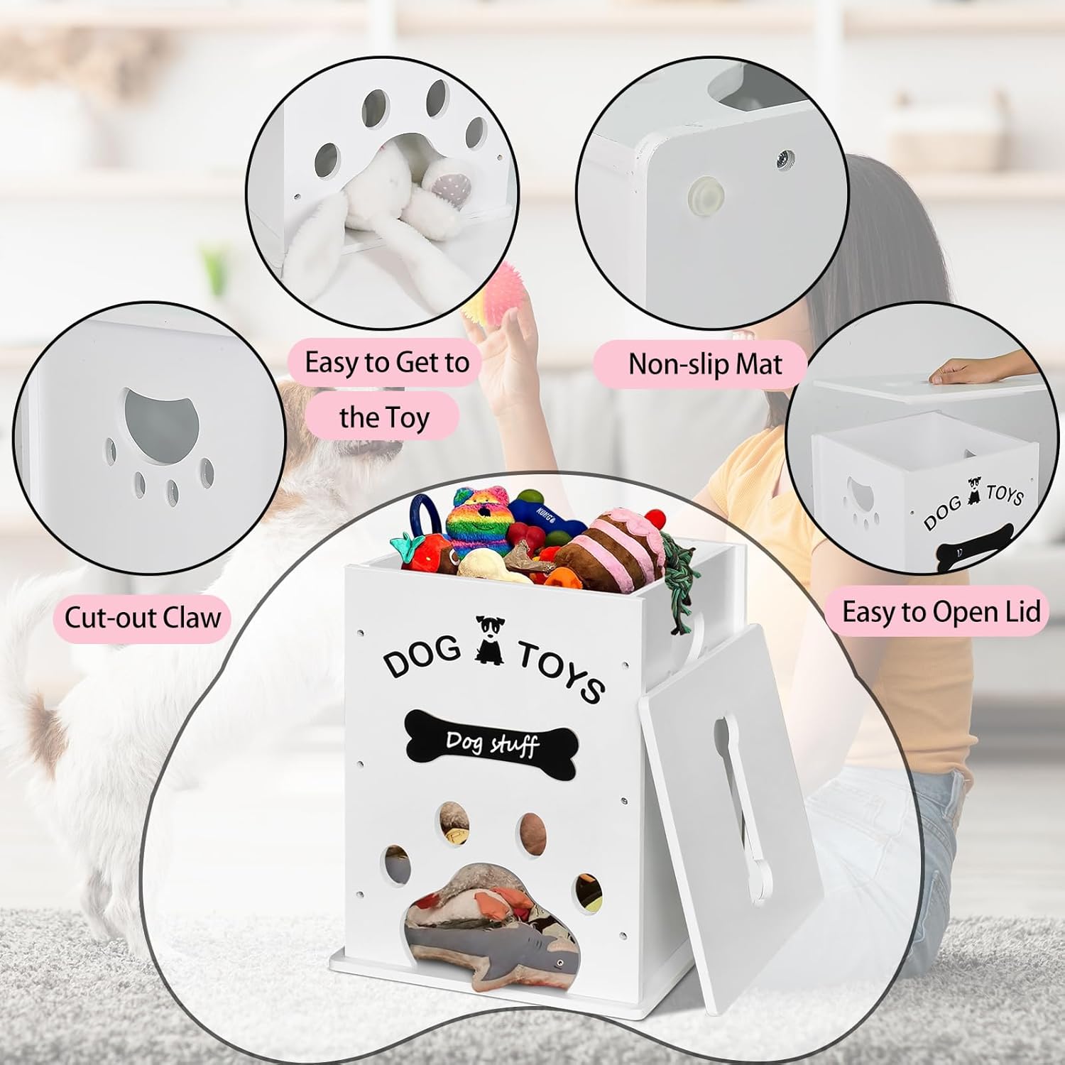 Cesta de juguetes para perros, almacenamiento de alimentos para perros y gatos, organizador de cosas grandes de madera para perros con mango hueco,