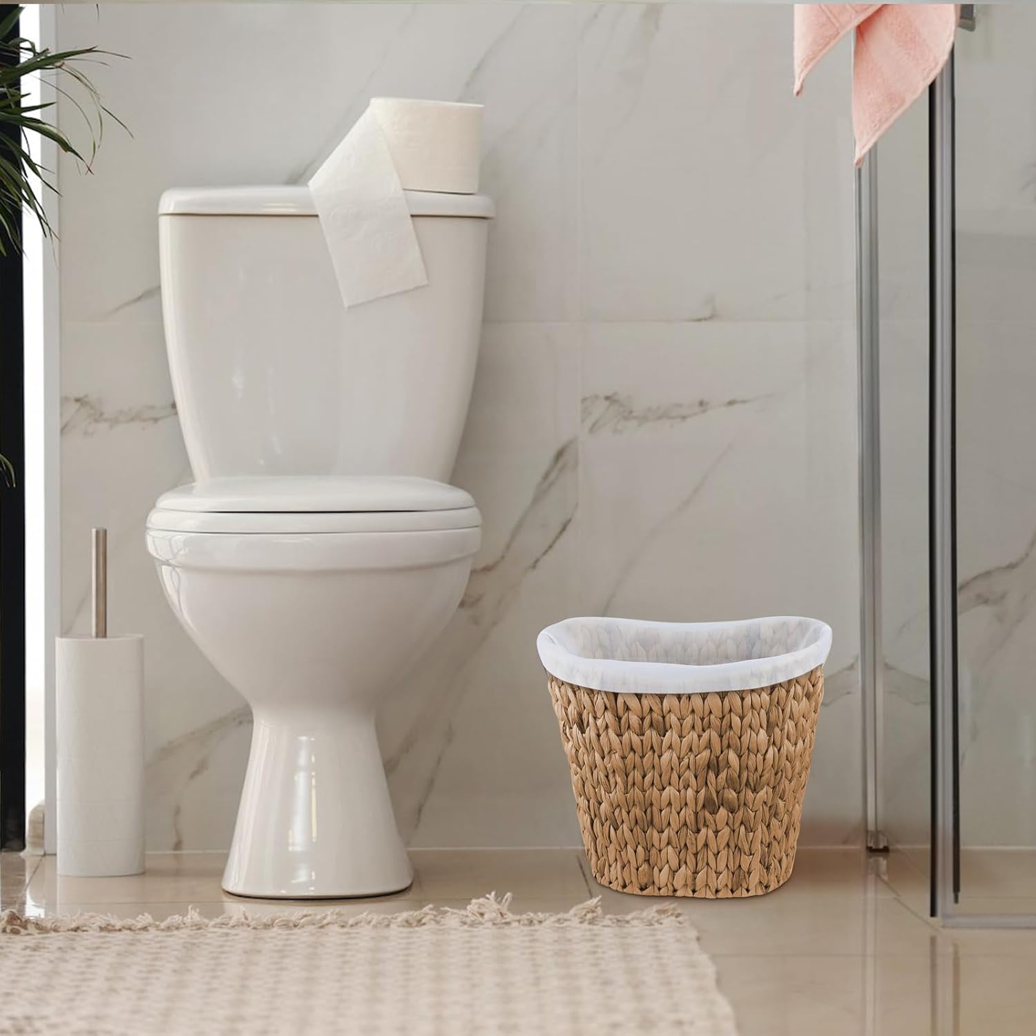 Cesta de basura de mimbre, cubo de basura de jacinto de agua tejido a mano, cesta de basura de mimbre con asas integradas, cubo de basura de mimbre