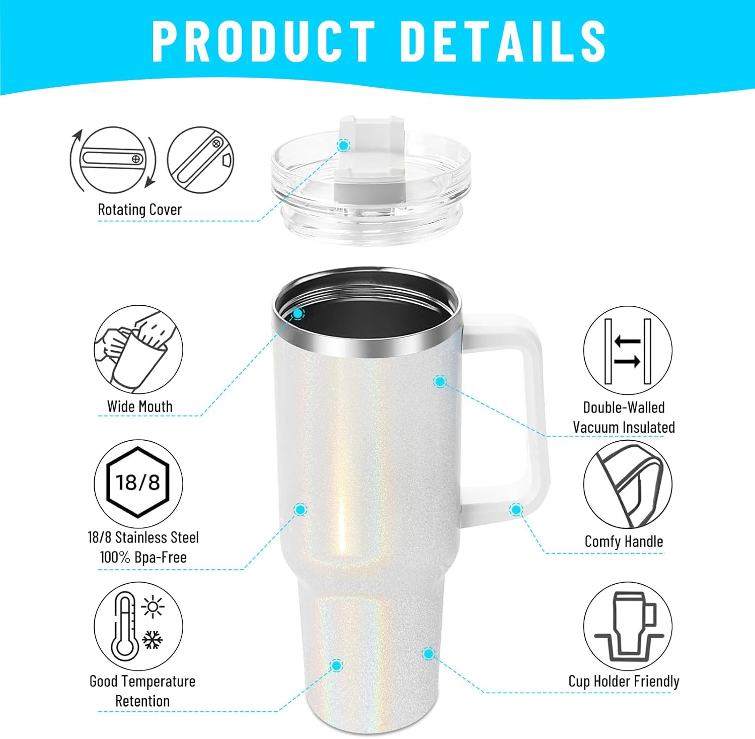 Stanley Dupe – Vaso de sublimación holográfico de 40 onzas con asa y tapa de pajita, vaso de sublimación de 40 onzas con mango extraíble, vaso de