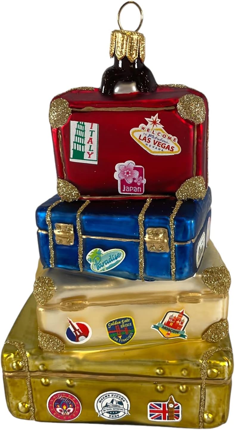 Stack of Maletas Decoración de viaje de cristal polaco para árbol de Navidad Polonia
