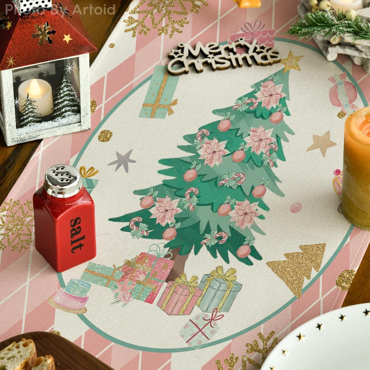 Artoid Mode Camino de mesa de Navidad con diseño de cascanueces y copos de nieve de diamantes rosados, decoración de mesa de comedor de cocina de
