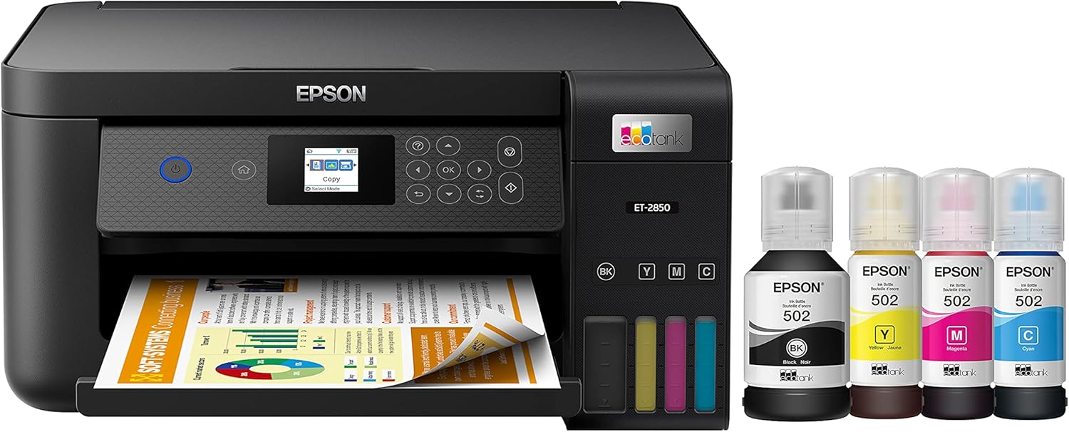 Epson EcoTank ET-2850 Impresora Supertank inalámbrica a color todo en uno sin cartuchos con escaneo y EcoTank ET-2400 Impresora Supertank sin