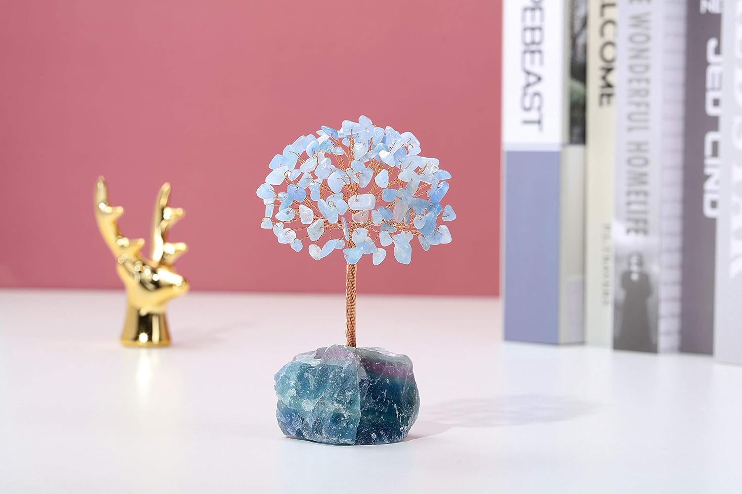 Jovivi Árbol de cristal de aguamarina natural, cristales curativos crudos, base de fluorita, árbol de dinero bonsái para decoración de mesa de