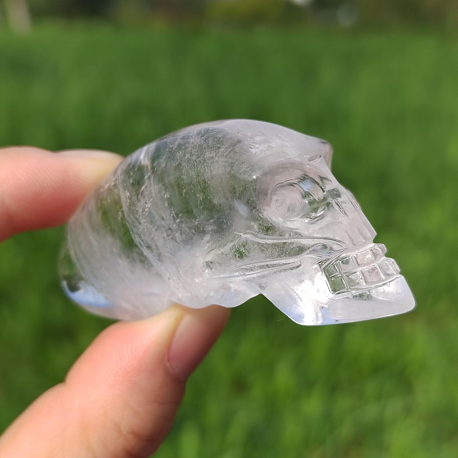 Figura de calavera alargada de cristal de cuarzo transparente de 2.2 pulgadas, cristales decorativos y piedra curativa tallada a mano con piedras