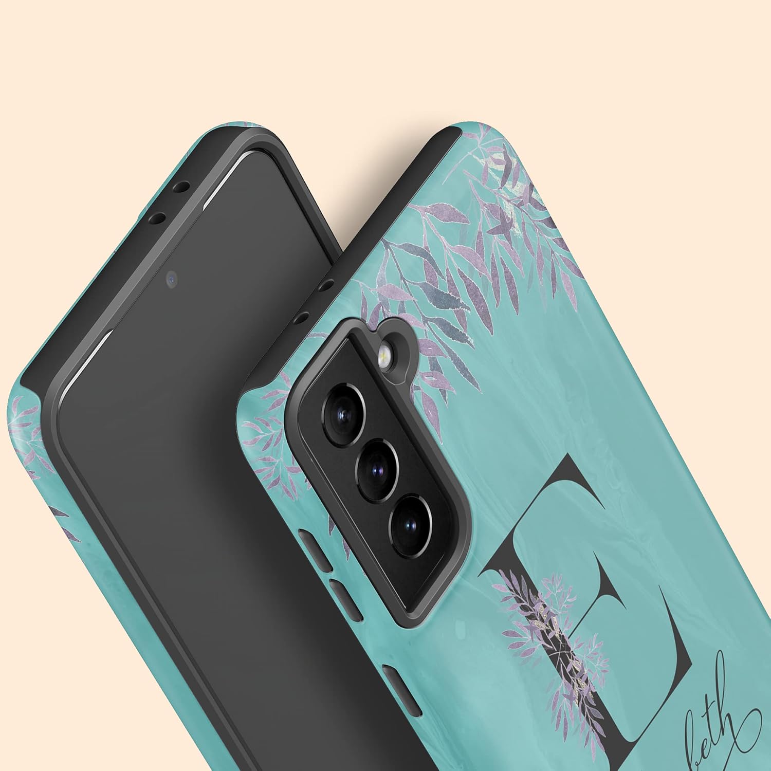 Funda con inicial de monograma verde azulado, diseño floral con nombre, diseñada para Samsung Galaxy S24 Plus, S23 Ultra, S22, S21, S20, S10, S10e,