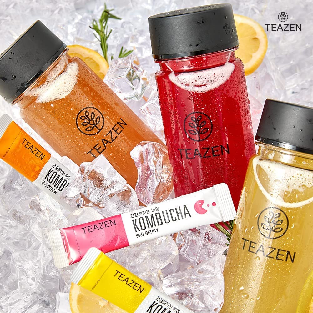 TEAZEN Hot Kombucha – Paquete variado de sabor a jengibre y limón con botella ecológica clásica (polvo de kombucha, 40 varillas, botella ecológica