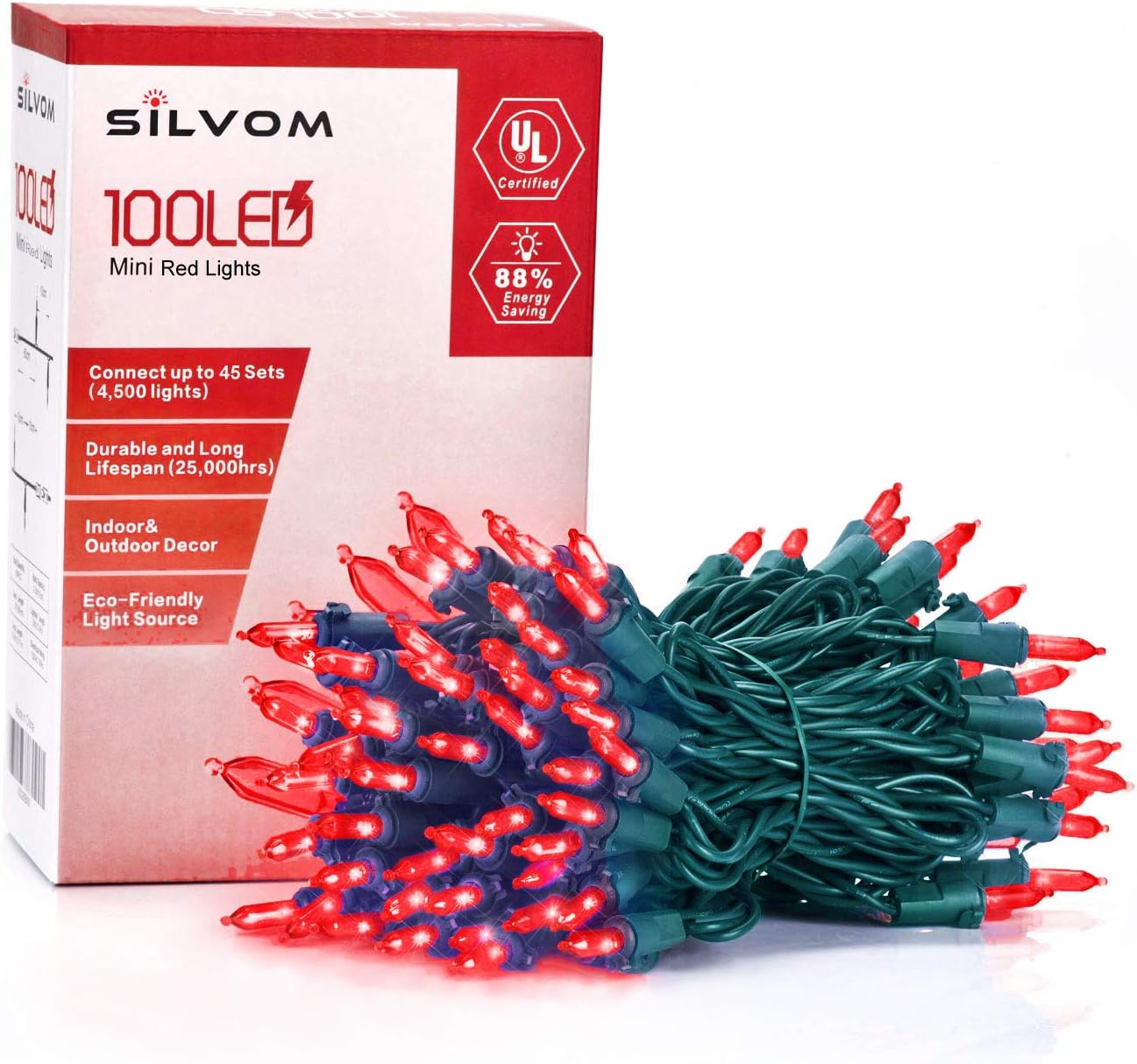 Silvom Luces de Navidad rojas, 100 luces LED de Navidad de 33 pies, 120 V con certificación UL para Halloween, árbol de Navidad, boda, fiesta,