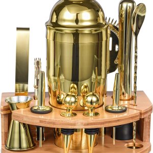 Kit de camarero con elegante soporte de bambú, juego de coctelera de 12 piezas de 25 onzas para bebidas mixtas, juego de herramientas profesionales Kit de camarero con elegante soporte de bambú, juego de coctelera de 12 piezas de 25 onzas para bebidas mixtas, juego de herramientas profesionales