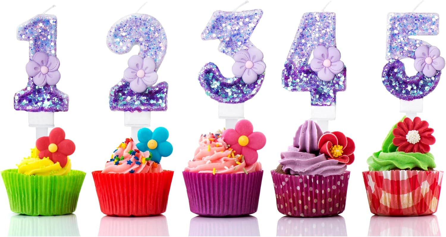 Velas número 4, velas de cumpleaños con número de flor morada para pastel, velas de números morados que crean un ambiente romántico y cálido