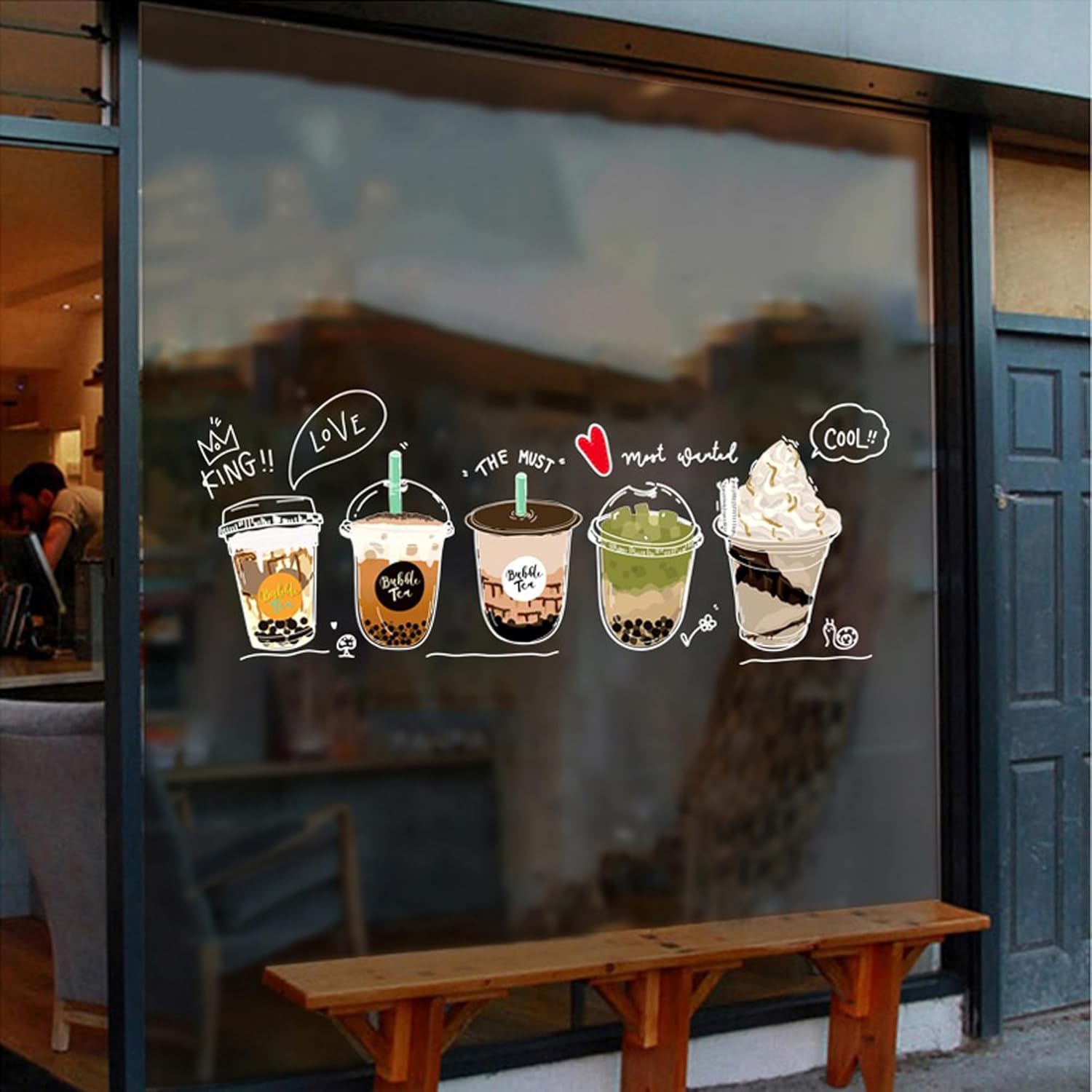 Boba Shop – Película decorativa de vidrio estática, no adhesiva, para té y café con burbujas (Boba Windown Adhesivo #A 47.5 pulgadas de ancho x 19