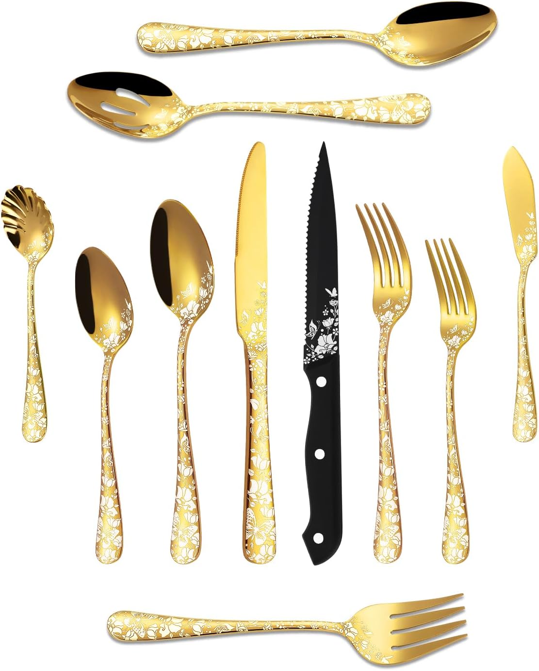 Stapava Juego de cubiertos dorados de 53 piezas con utensilios para servir, cubiertos dorados de acero inoxidable, utensilios para comer con espejo