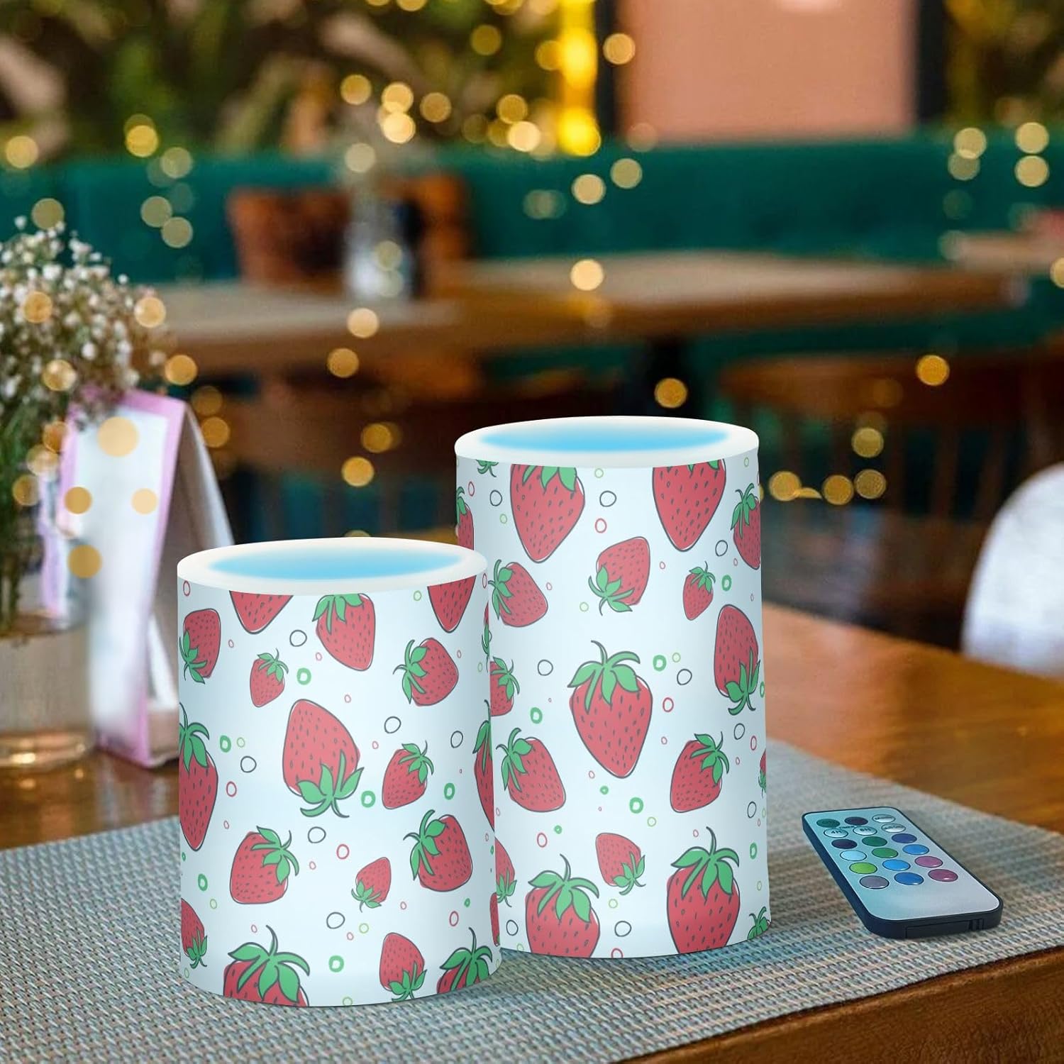 DOMIKING Velas LED eléctricas sin llama de fresas con temporizador, funciona con pilas, velas parpadeantes para centro de mesa, decoración votiva