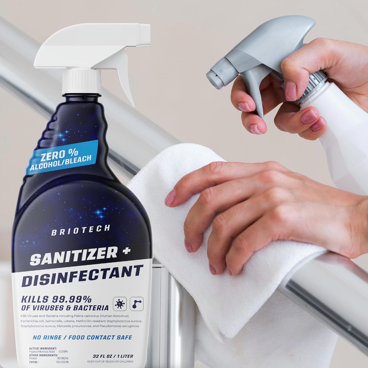 BRIOTECH Desinfectante + desinfectante en aerosol hipocloroso, mata el 99.99% de los virus y bacterias, elimina el olor, lo suficientemente suave