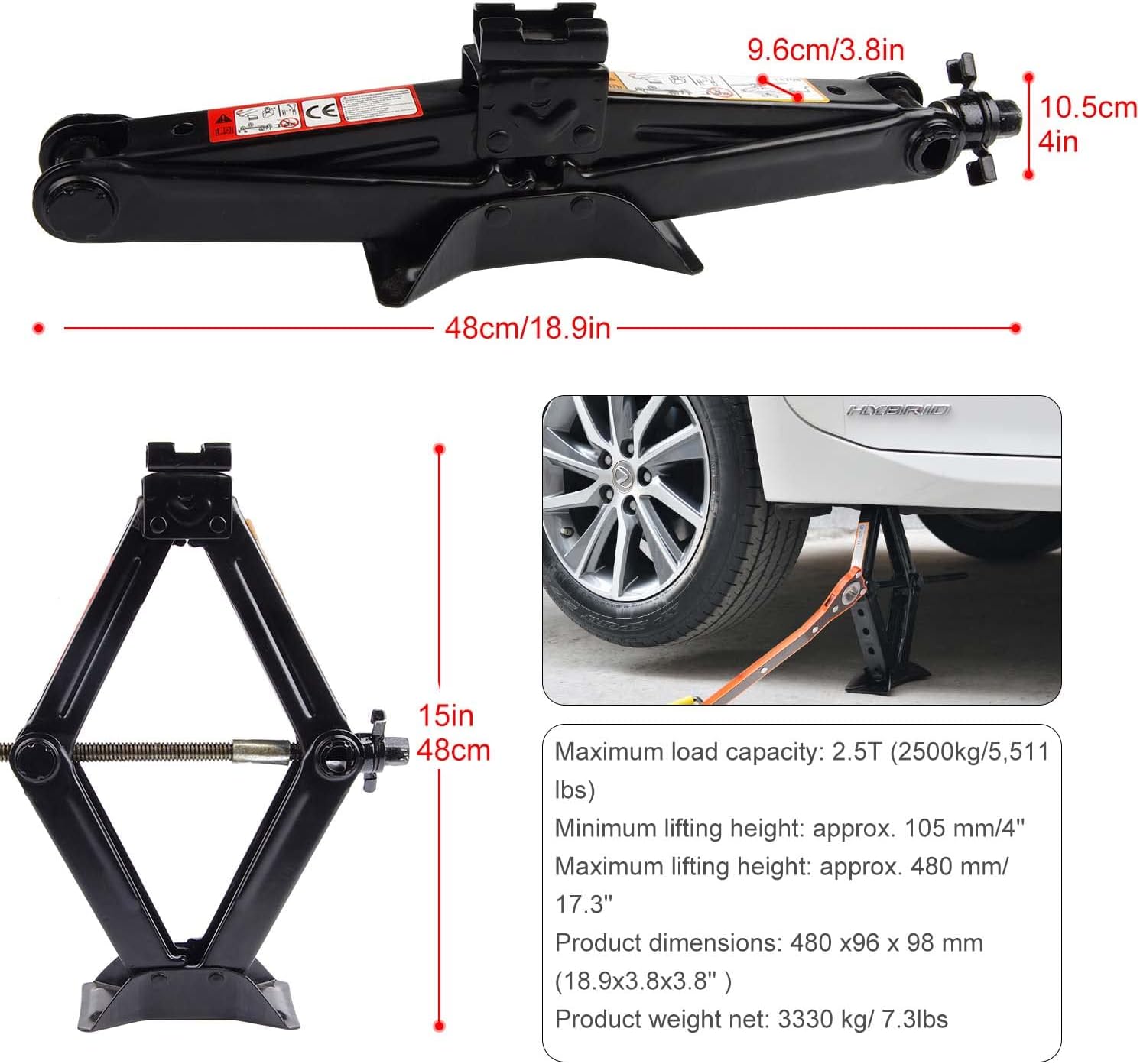 CPROSP Kit de gato de coche con manivelallavellave de oreja, gato de elevación de tijera Max 2.5T para AutoSUVMPV, Gato para Carro con bolsa