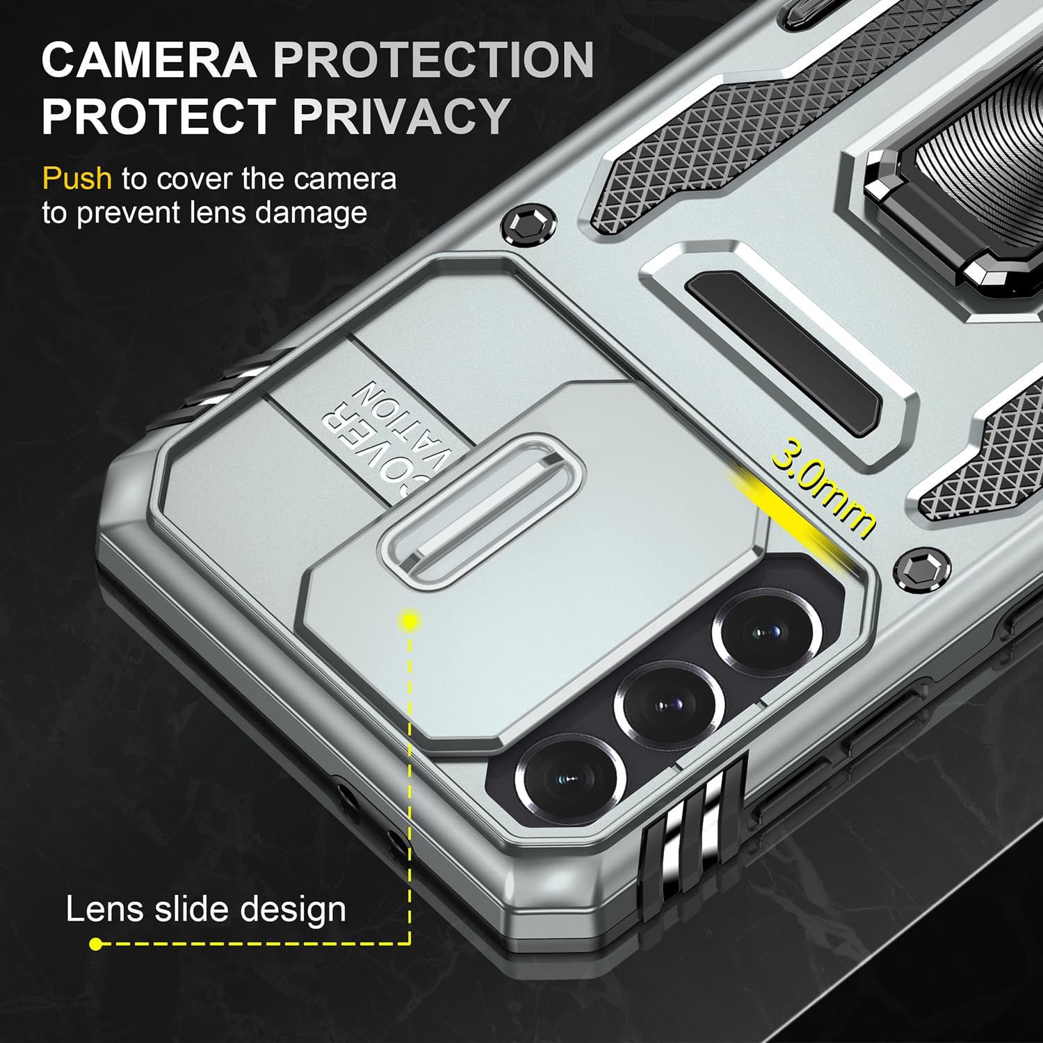 Funda para Samsung Galaxy S21 Plus S21+ Plus con cubierta deslizante para cámara con anillo de soporte de grado militar a prueba de golpes para