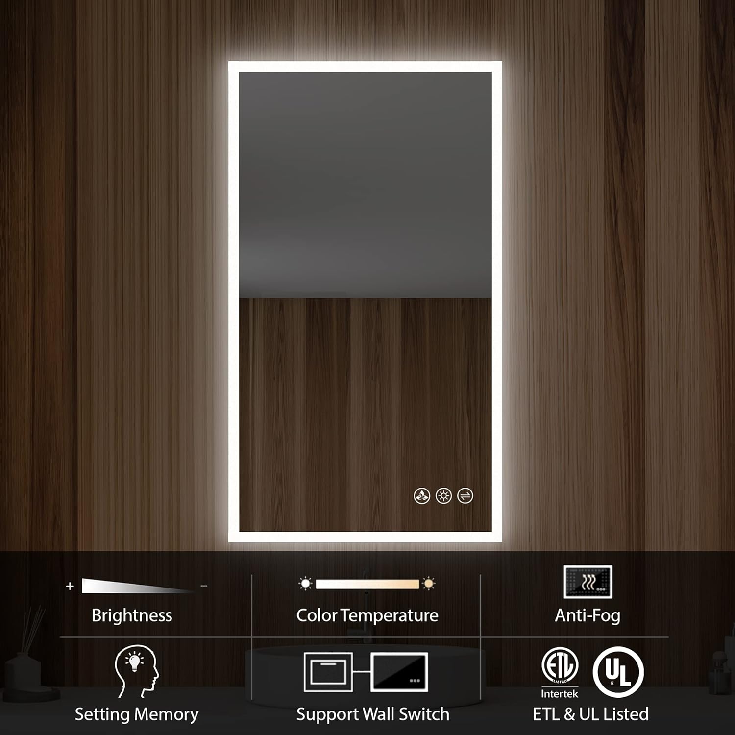 Espejo de baño LED de 21 x 36 pulgadas con antiniebla, atenuador, temperatura de color ajustable, espejo LED inteligente para baño (21 pulgadas,
