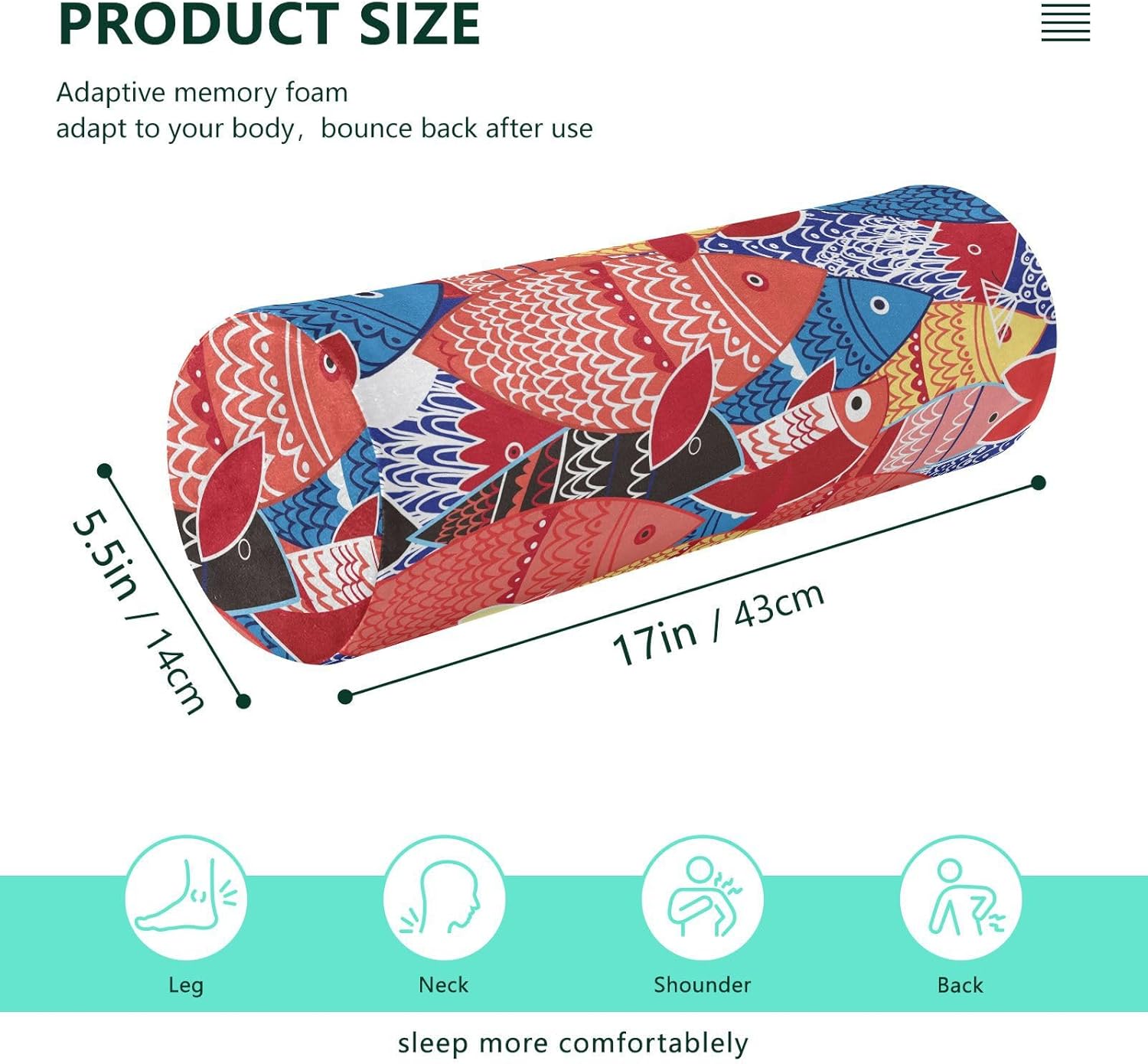 KLL Bright Colorful Fish on Blue Bolster Pillow Cervical Neck Roll Pillow Cover Soft Round Pillow Foam Cylinders Legs Support Pillow