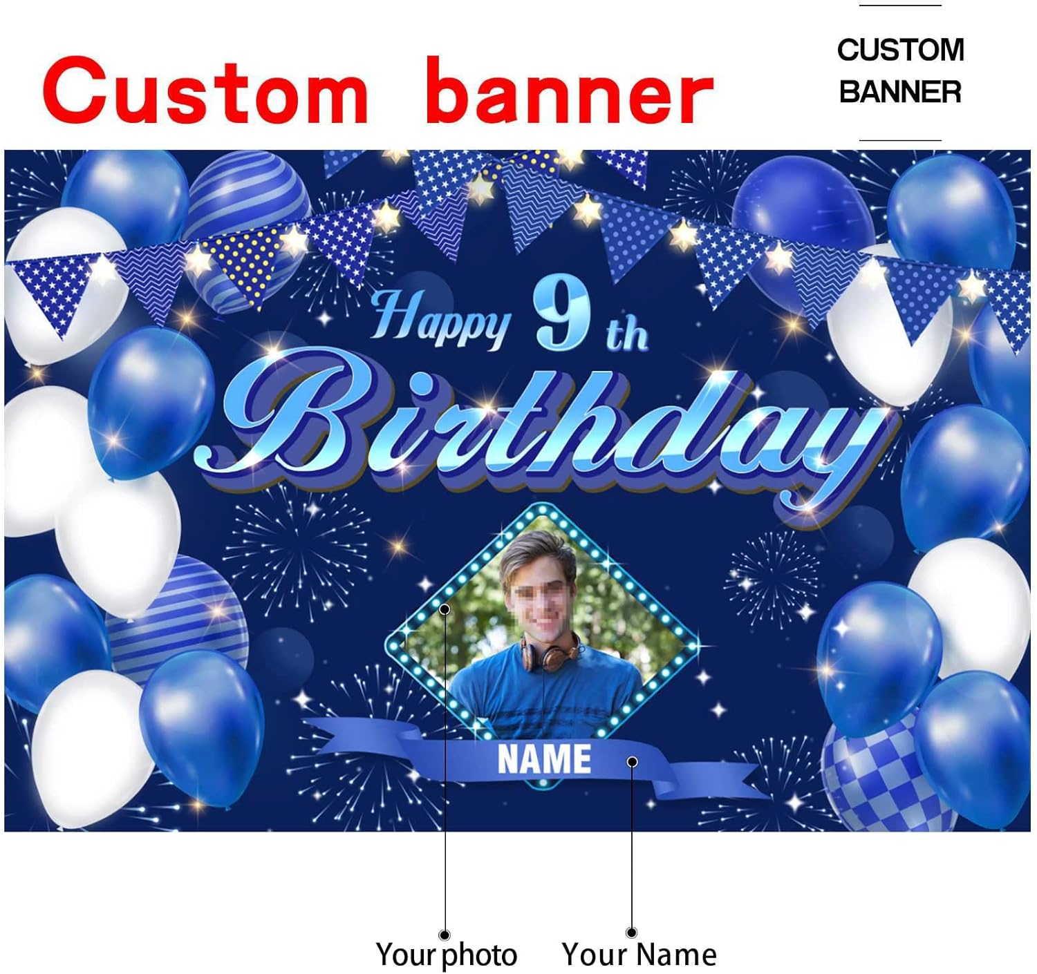 Fondo de decoración de cumpleaños número 9 azul marino personalizado, letrero de fondo de cumpleaños con purpurina, pancarta de feliz cumpleaños,
